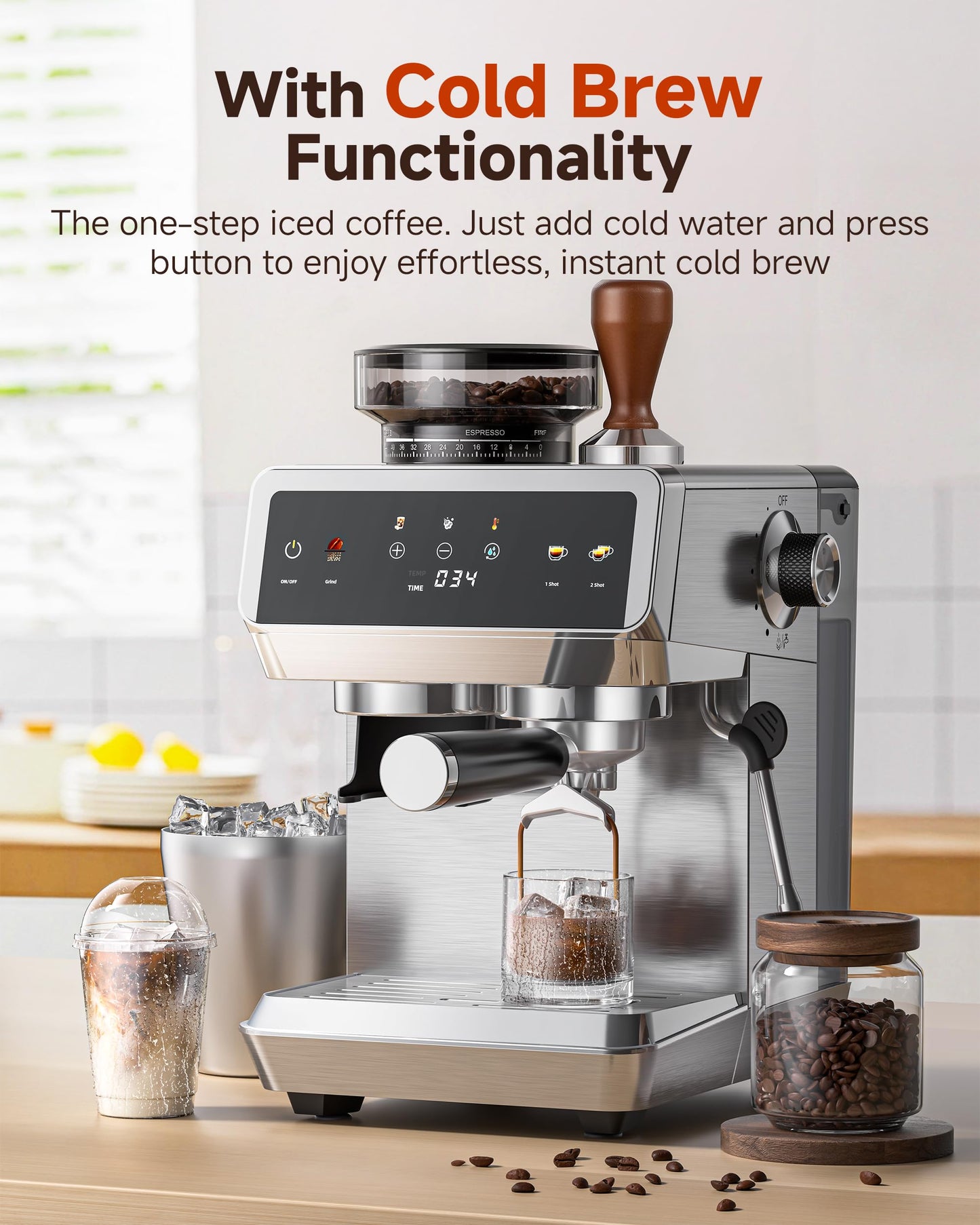 AMZCHEF Espresso Machine With Grinder, 190℉-201℉ Temp Control Coffee machine with 44 Grind Setting, Milk Frother, Touch Screen, Cold Brew, Sliver