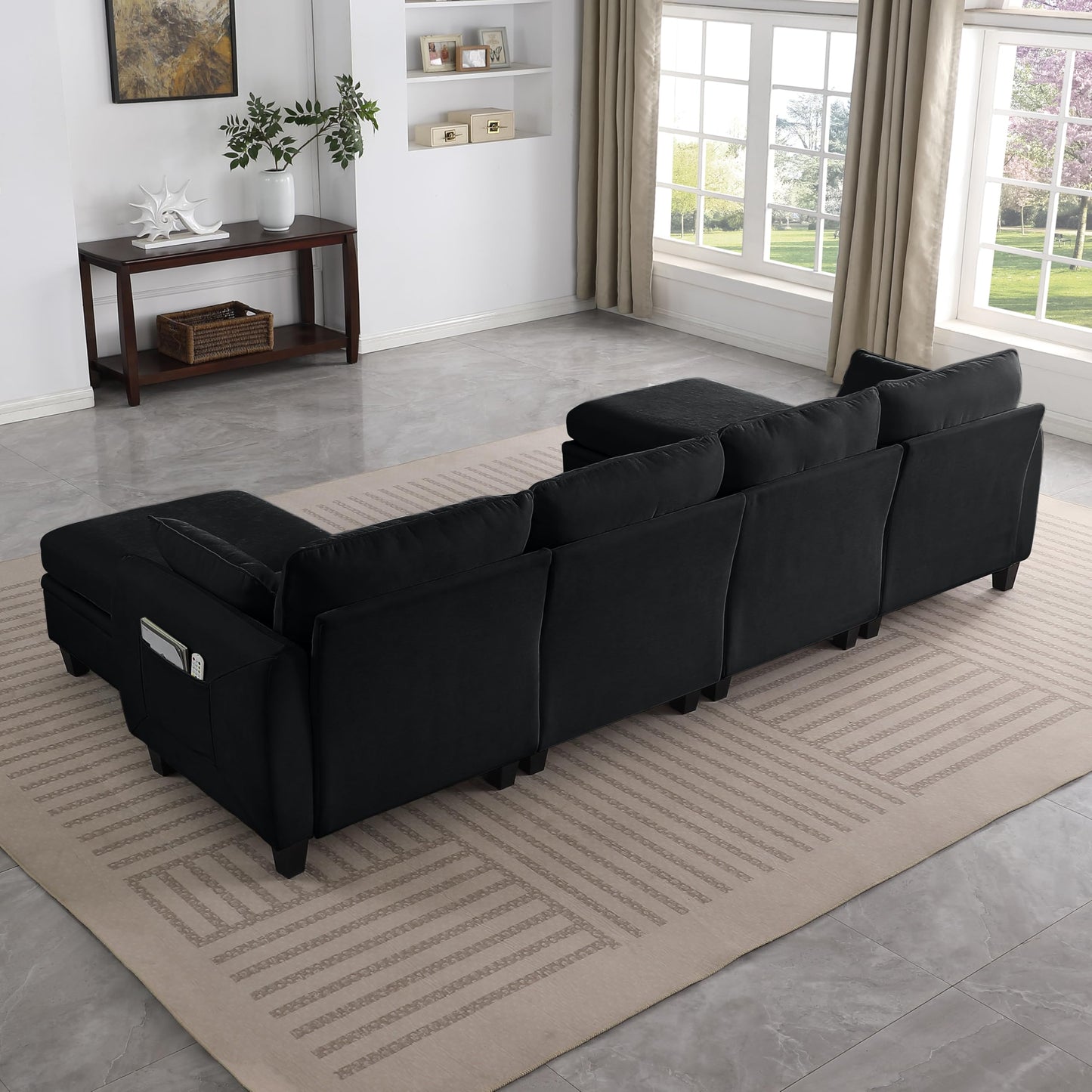 KEIKI 109 Inch Chenille Sectional Sofa Set, Modern U-Shaped Sleeper Cloud Couch with Storage Pockets & Ottoman, 6-Seater Modular Sofa Couches Bed for Apartment Living Room Lounge, Easy Assembly, Black