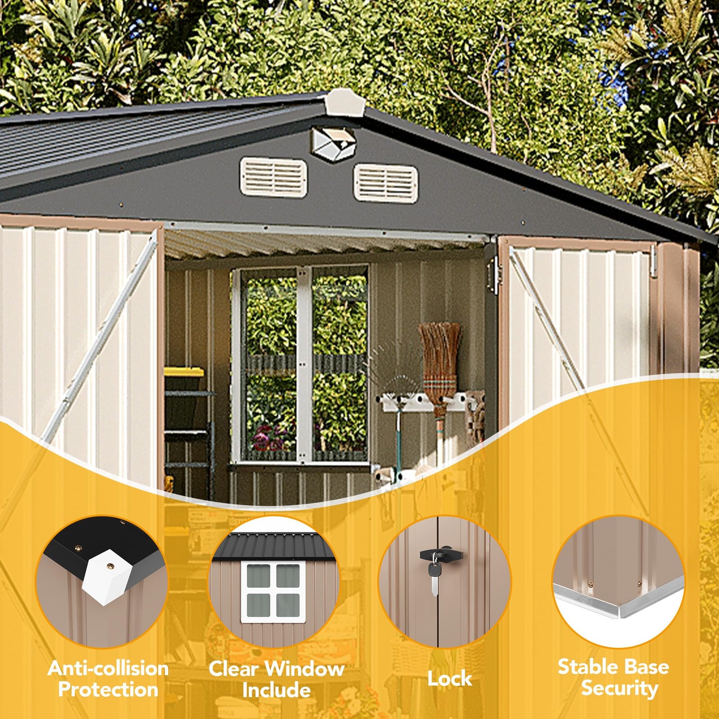 OneBlis 10x8FT Outdoor Storage Shed, Tool Shed with Sloping Roof and Lockable Door, Galvanized Metal Shed for Backyard Garden Patio Lawn, Brown