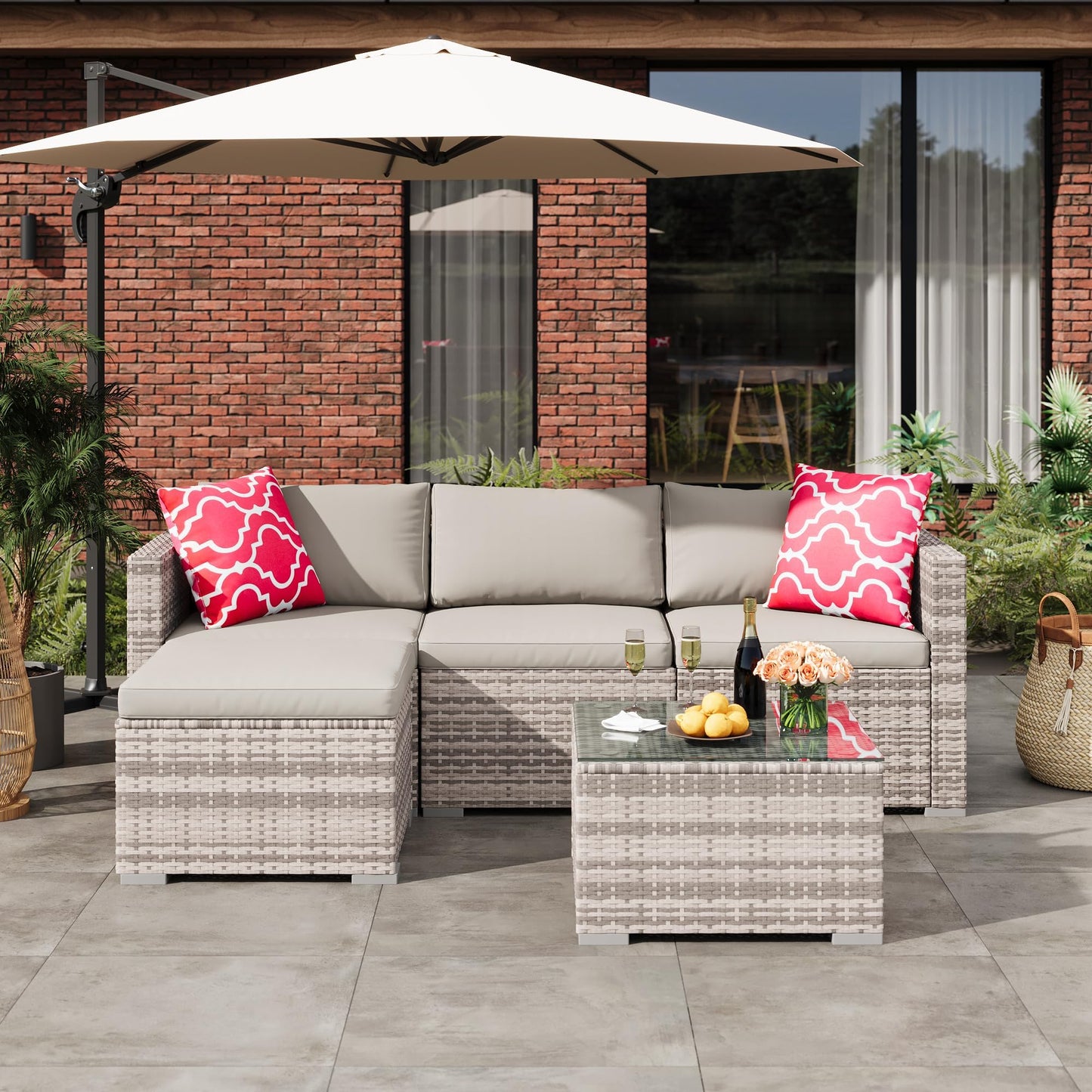 MilleLoom 5 Piece Outdoor Sectional Sofa Set, PE Rattan Patio Furniture Set with Ottoman and Tempered Glass Table, Convertible Wicker Conversation Set for Backyard Porch Poolside, Gray