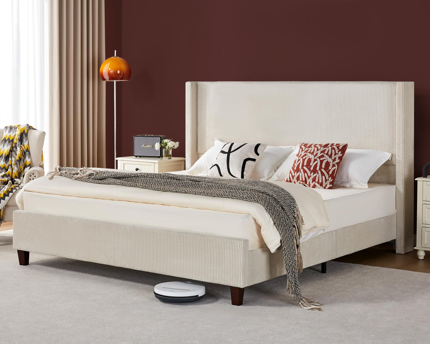 VanAcc Queen Size Platform Bed Frame, 50.8" Corduroy Upholstered Bed with Vertical Channel Tufted Headboard/Wooden Slats/Wingback/No Box Spring Required/Beige