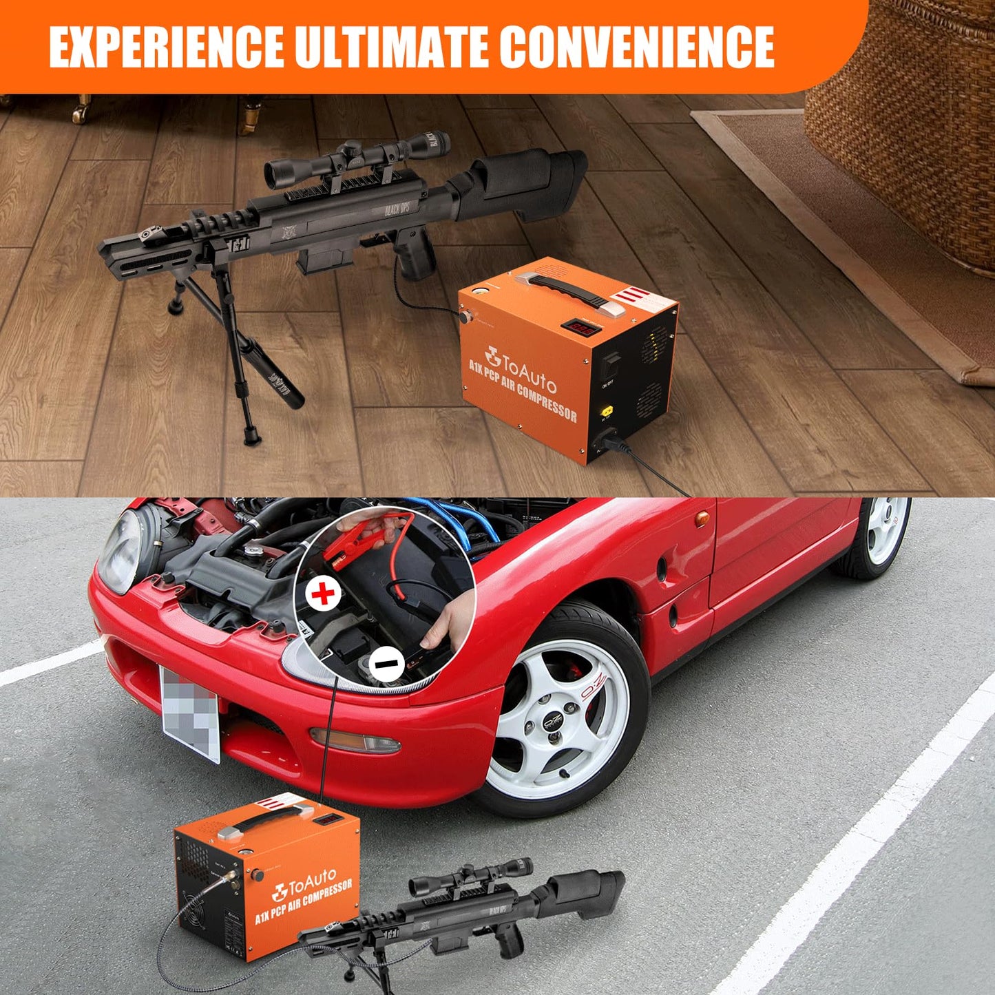 TOAUTO A1X PCP Air Compressor,4500Psi 30Mpa, Water/Oil-Free, One Button Start, Bursting disc, Powered by Car 12V DC or Home 110V AC (A1X)