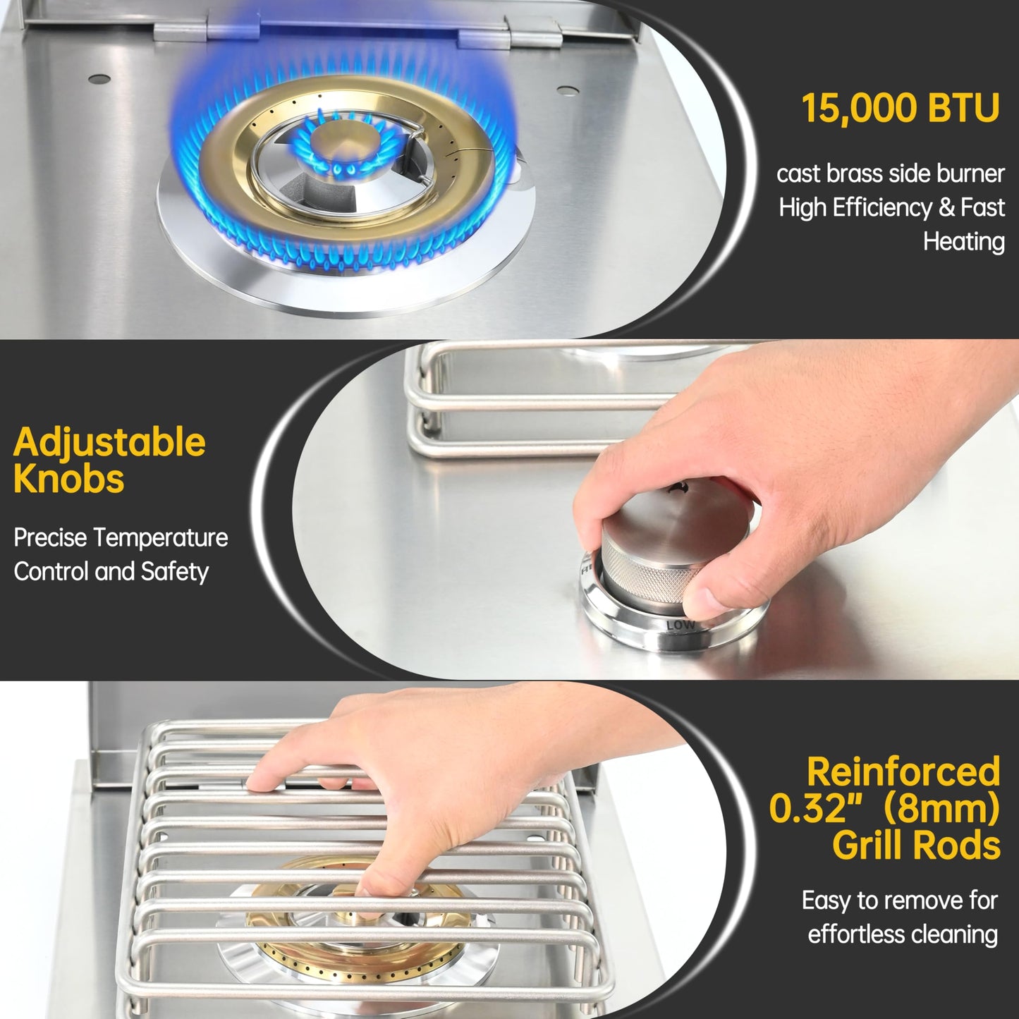 Built-in Single Grilling Side Burner for Outdoor Grill, Heavy-Duty 304 Stainless Steel, Drop in Side Burner With Cover, 15,000BTU Natural Gas & Propane, Single Side Burner for Family Patio Parties