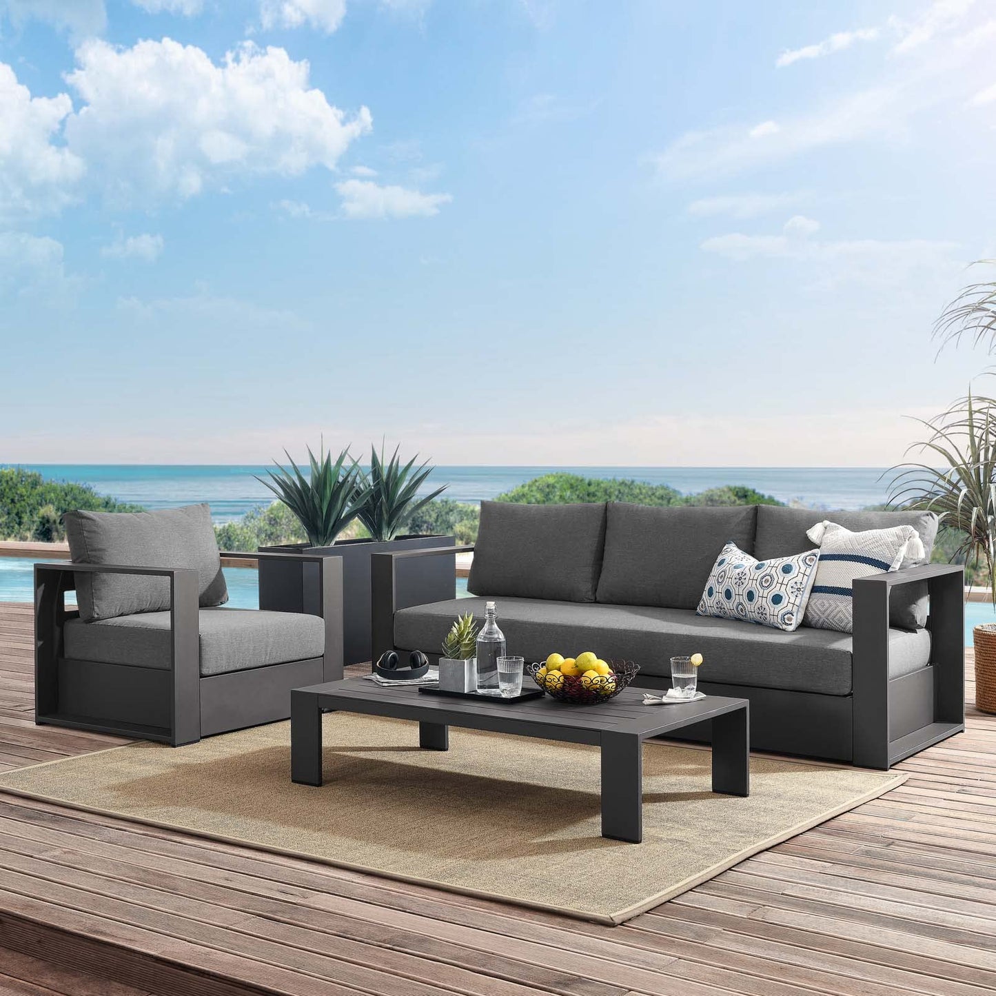 Modway Tahoe Aluminum 3-Piece Outdoor Patio Set in Gray Charcoal