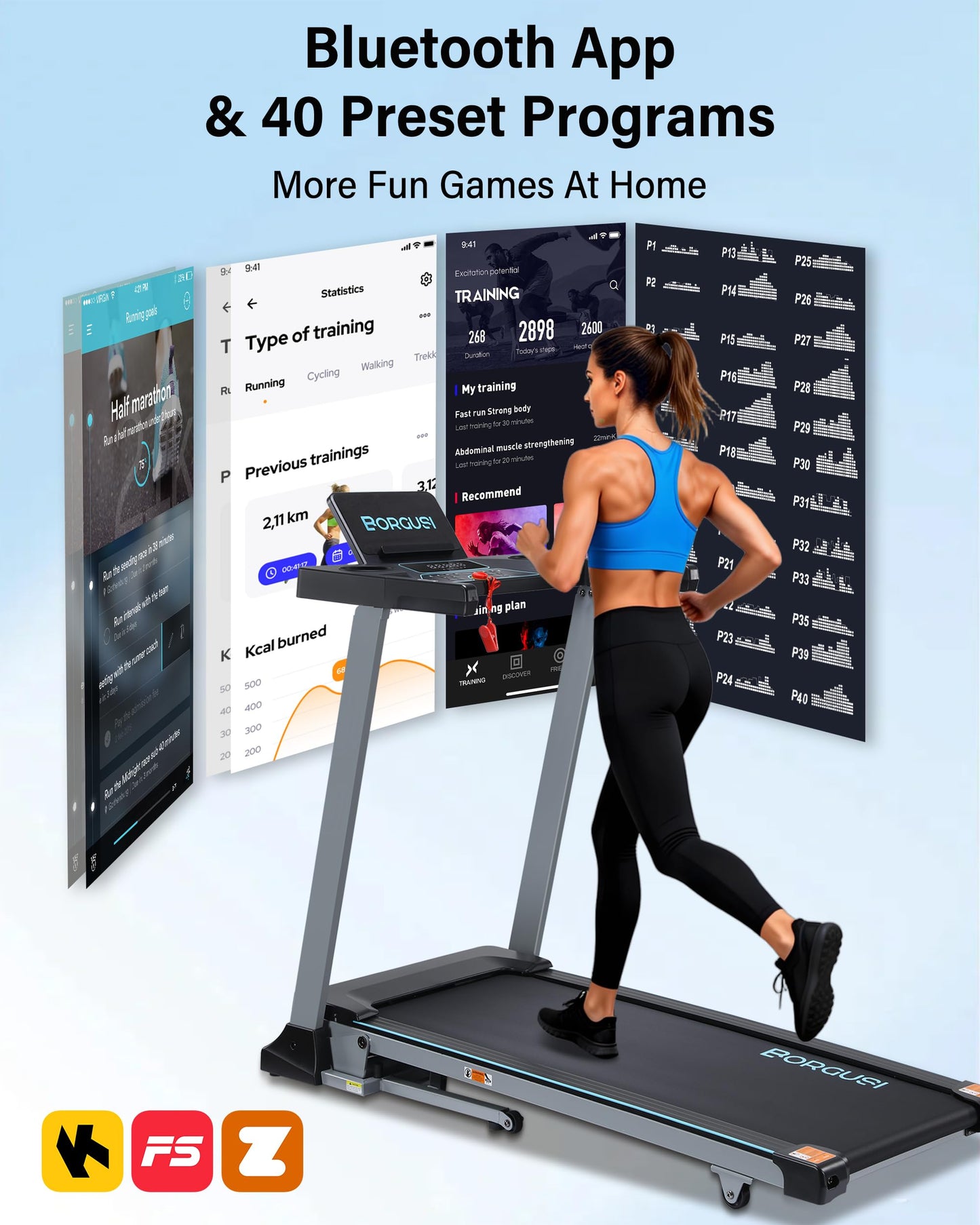 BORGUSI Auto Incline Treadmill for Home - 47.3"x17.5" Long Wide Belt, 3.5 HP, Bluetooth App, 10 MPH, 300 lbs Capacity, 40 Preset Programs