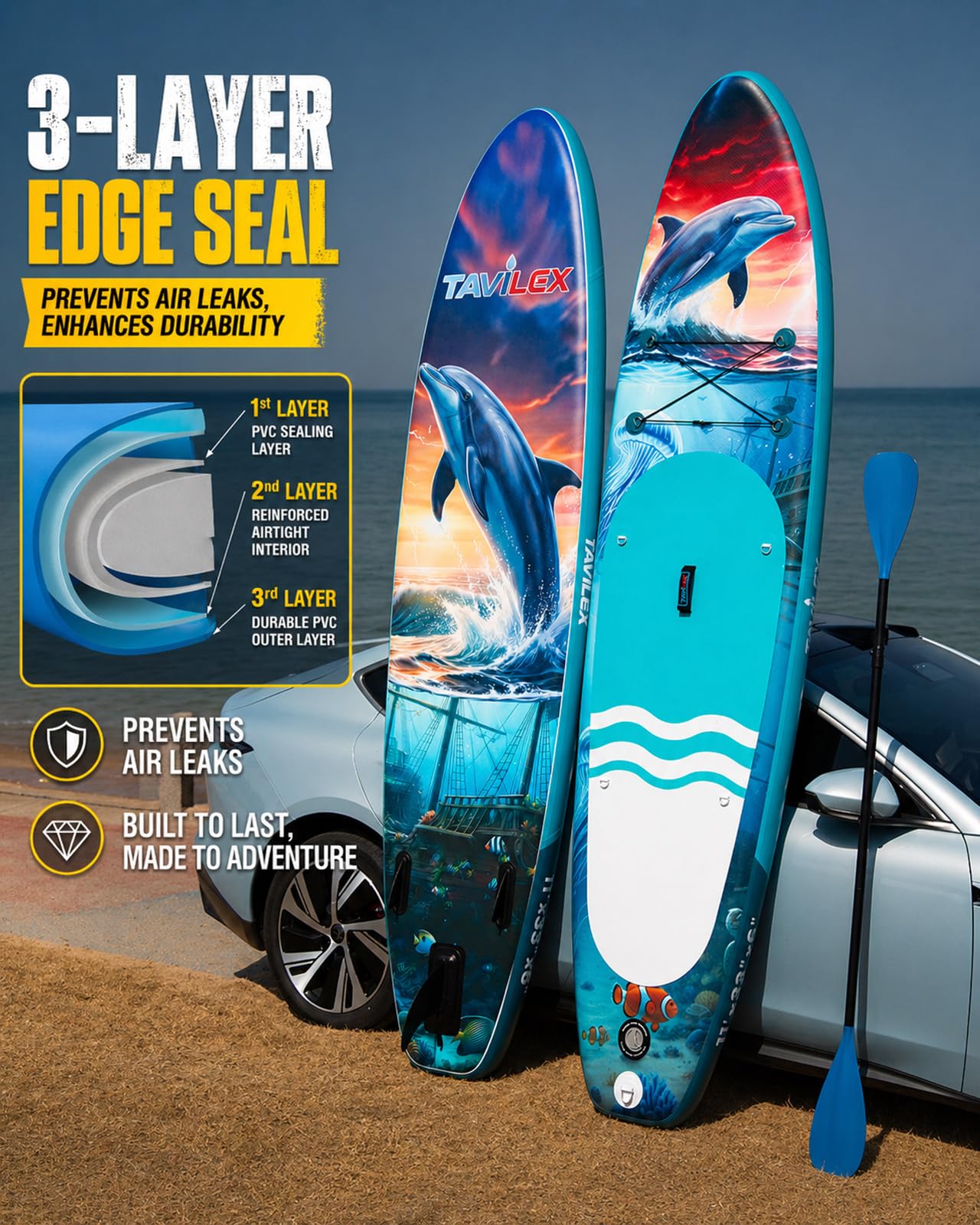 Tavilex Inflatable Stand Up Paddle Board with Seat, 11' x 33" x 6" Ultra-Wide 2-in-1 SUP Board for Adults & Youth, Stable Blow Up Paddleboard Kit with Dual-Blade Paddle (Ocean Dolphin)