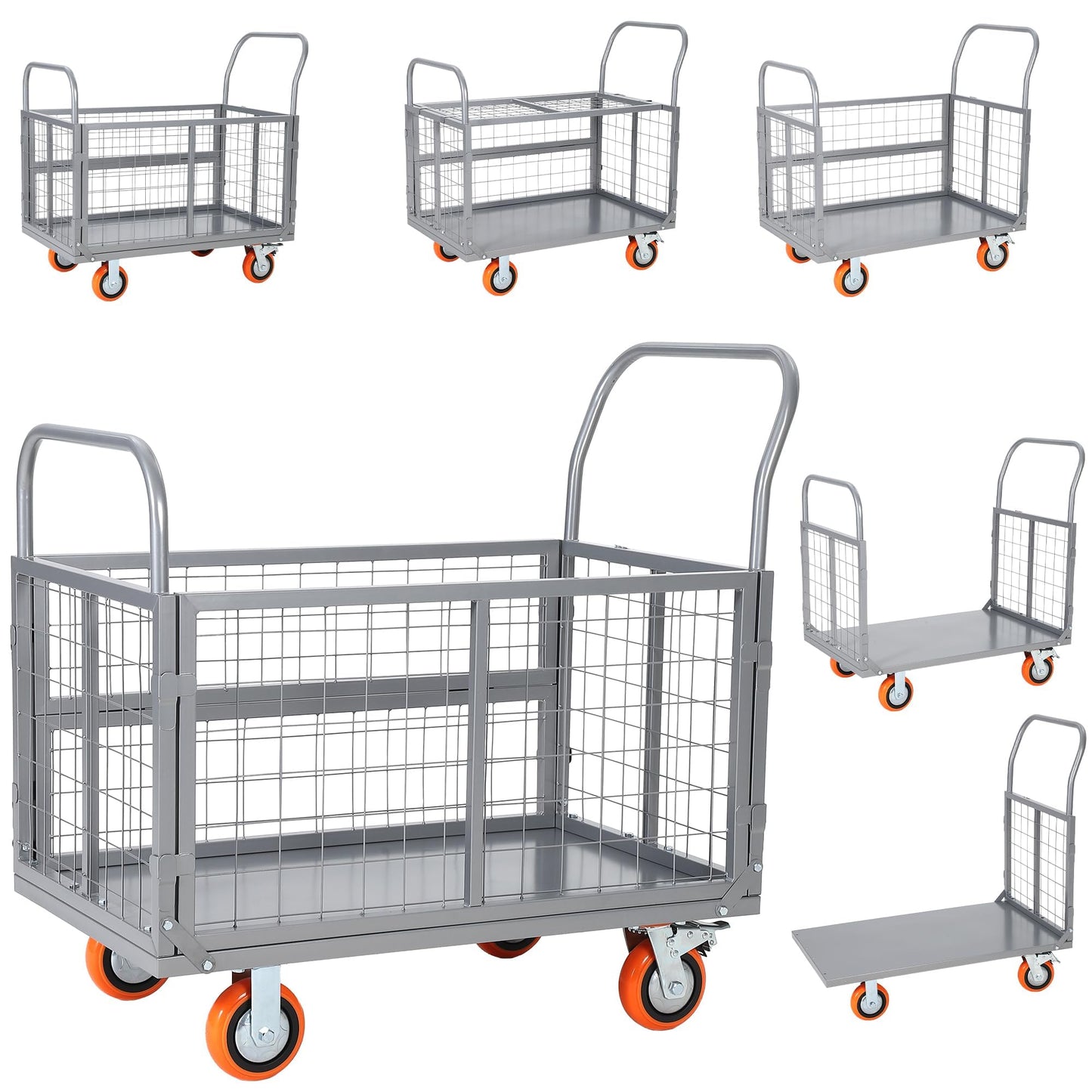 Platform Truck Cart with Cage, 6-in-1 Multi-Purpose Push Cart Dolly, Foldable Hand Truck Load 1800 LBS with 4 Wheels Flatbed Cart for Grocery, Laundry, Garage, Warehouse,Silver