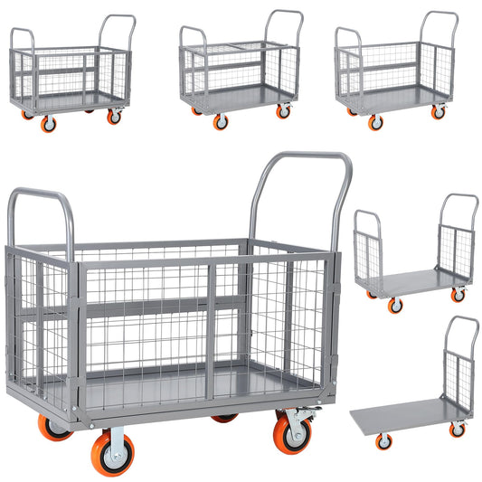 Platform Truck Cart with Cage, 6-in-1 Multi-Purpose Push Cart Dolly, Foldable Hand Truck Load 1800 LBS with 4 Wheels Flatbed Cart for Grocery, Laundry, Garage, Warehouse,Silver