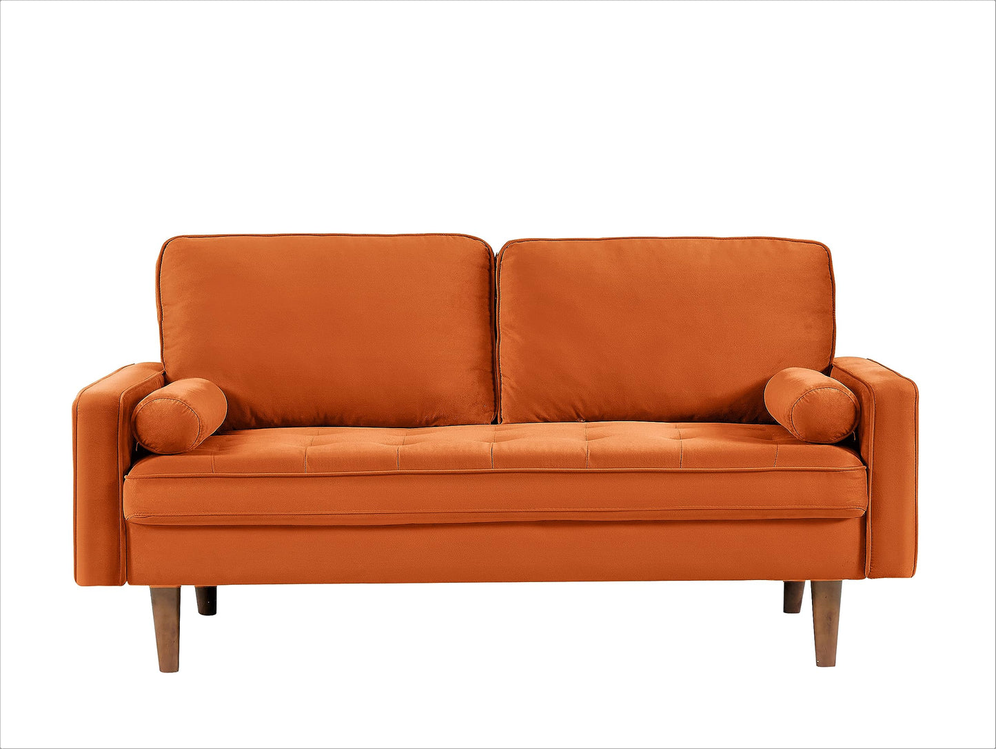 Container Furniture Direct Velvet Tufted Sofas for Living Room, Classic Mid-Century Style with Modern Silhouette, Button Tufting and Wood Legs, Includes 2 Bolster Pillows, Loveseat, Orange
