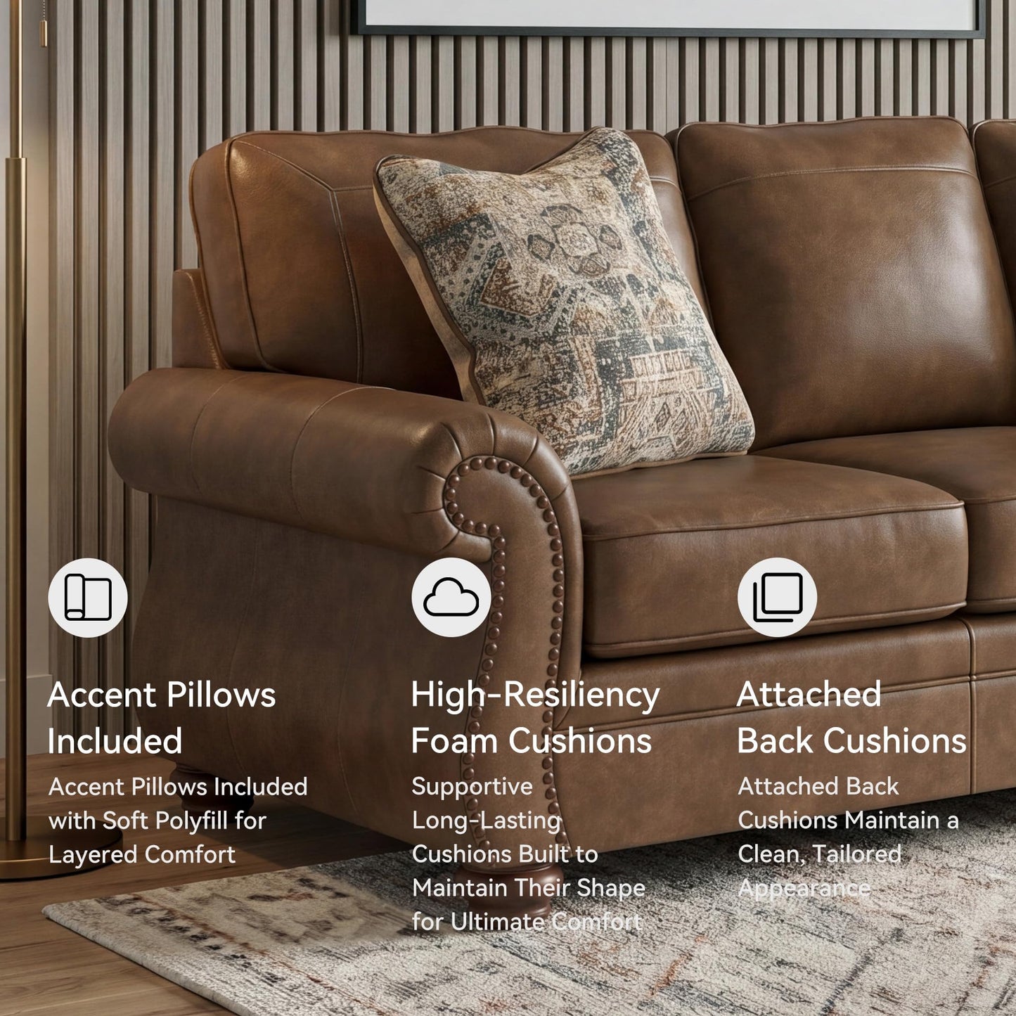 Signature Design by Ashley Shadsburne Rustic Faux Leather Sofa with Nailhead Trim and 2 Throw Pillows, Brown