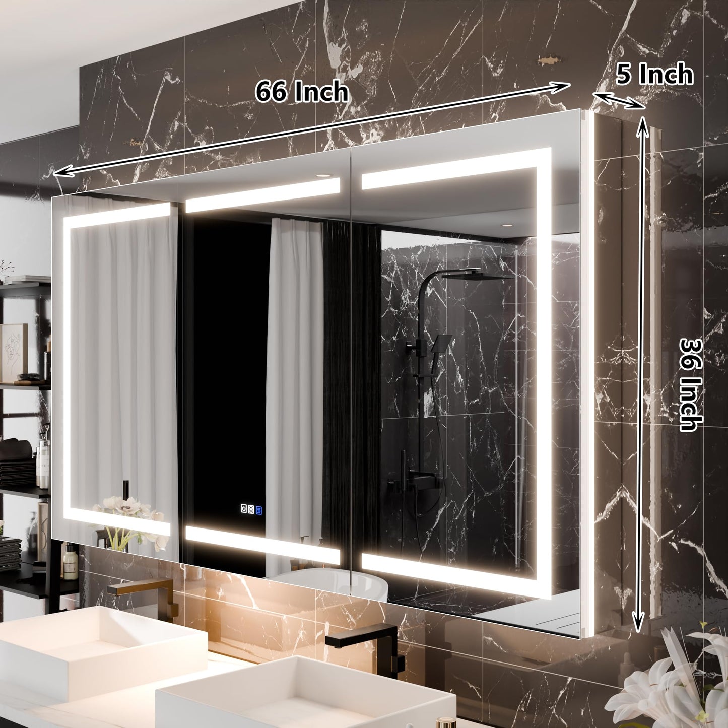 cieloshinerico Smart LED Medicine Cabinet with Mirror, 66W×36H Inch Bathroom Storage Medicine Cabinet, 3 Color Stepless Dimming & Anti-Fog, 5X Magnifier, Night Light, 3 Doors, DTC Soft-Close Hinges
