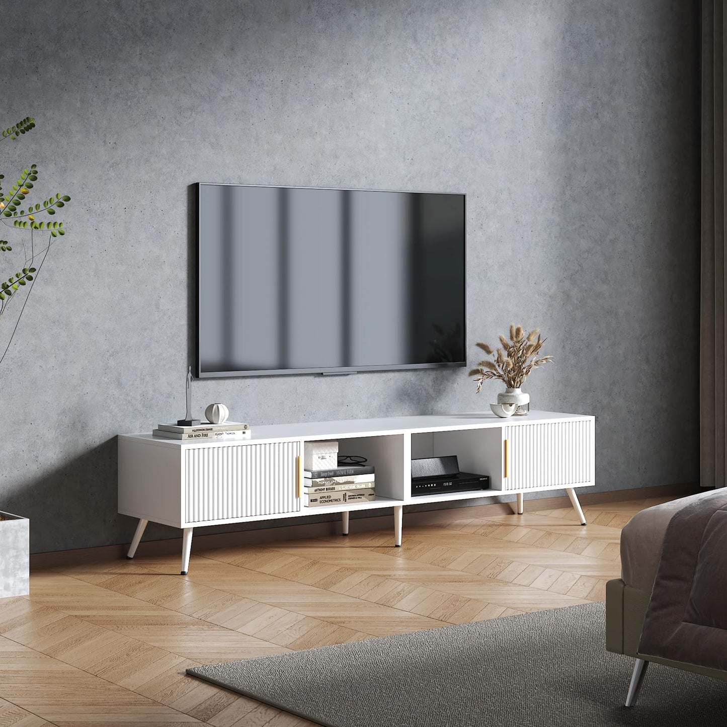 HedoAjim Fluted TV Stand for 55 65 70 75 78 inch TV, Modern Chic Entertainment Center for TVs, Entertainment Center with Storage, Television Stands, TV Media Console for Bedroom, Living Room (White)