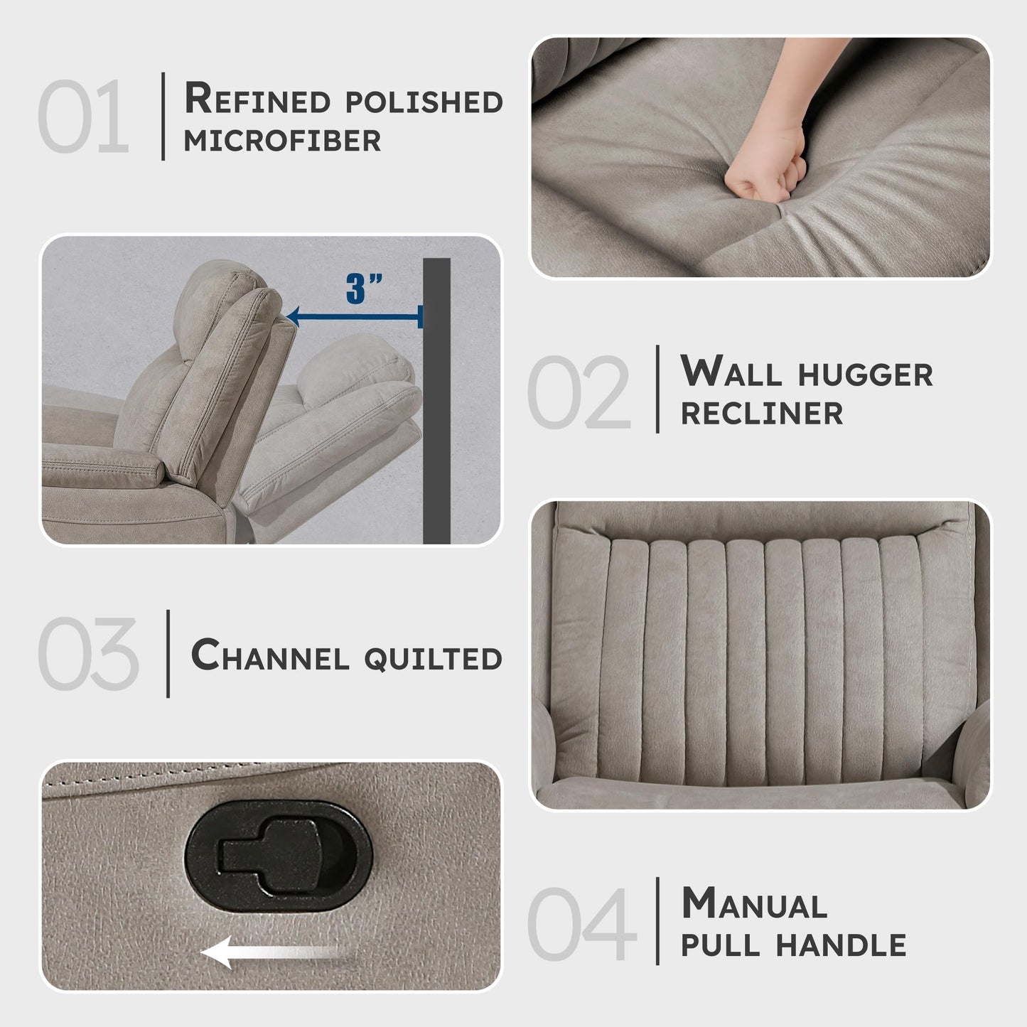 Lexicon Manual Recliner Chair, Polished Microfiber Reclining Sofa Chair, Home Theater Seating, Wall Hugger Manual Recliner for Living Room/Office/Apartment, Dove