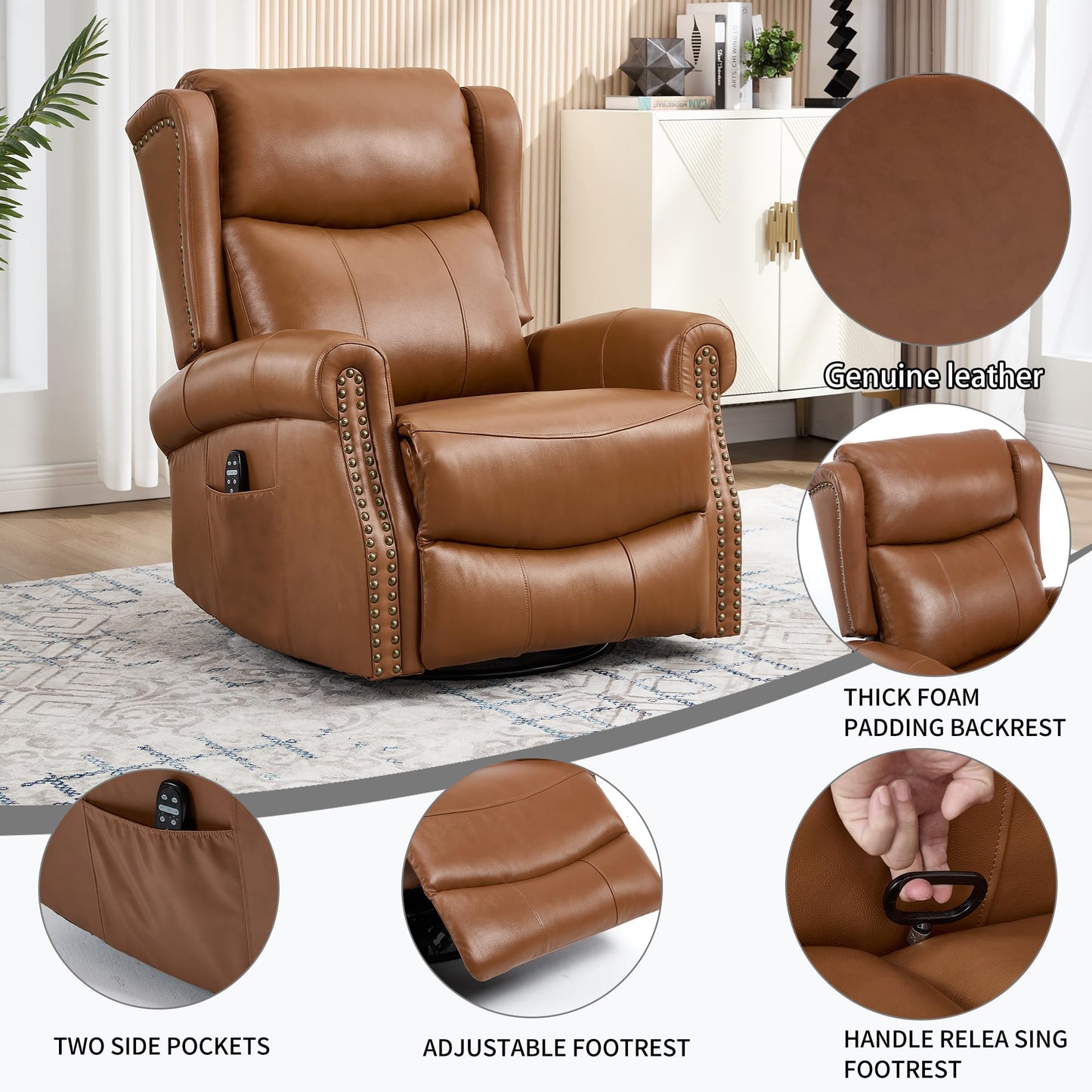 Heat Massage Manual Recliner Chair with Rocking and 360° Swivel Base, Genuine Leather Recliner Chair with Lumbar Heat, 8-Point Vibration Massage, 155° Reclining Living Room Chair, Dark Yellow