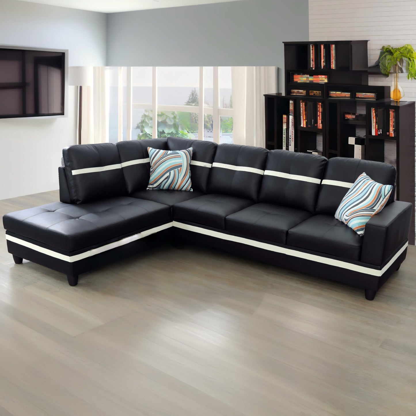 NicBex Modern L-Shape Sectional Sofa with Left Chaise, Black Leather Upholstered, 3-Seater, Large, Black