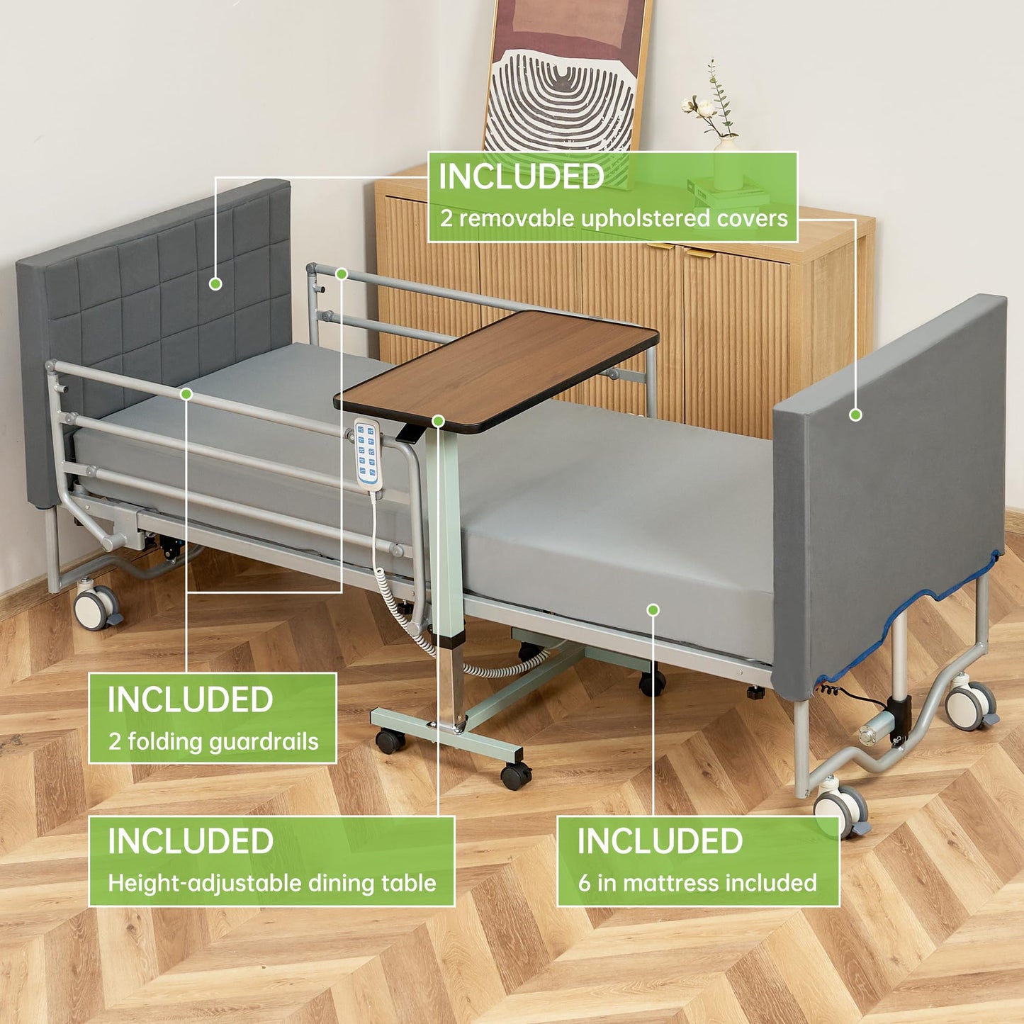 Real Relax 5 Function Full Electric Hospital Bed, Ultra Low Electric Medical Bed with Movable Dining Table, 6" Foam Mattress, 5" Locking Casters, for Home Use, Includes headboard and Footboard Covers