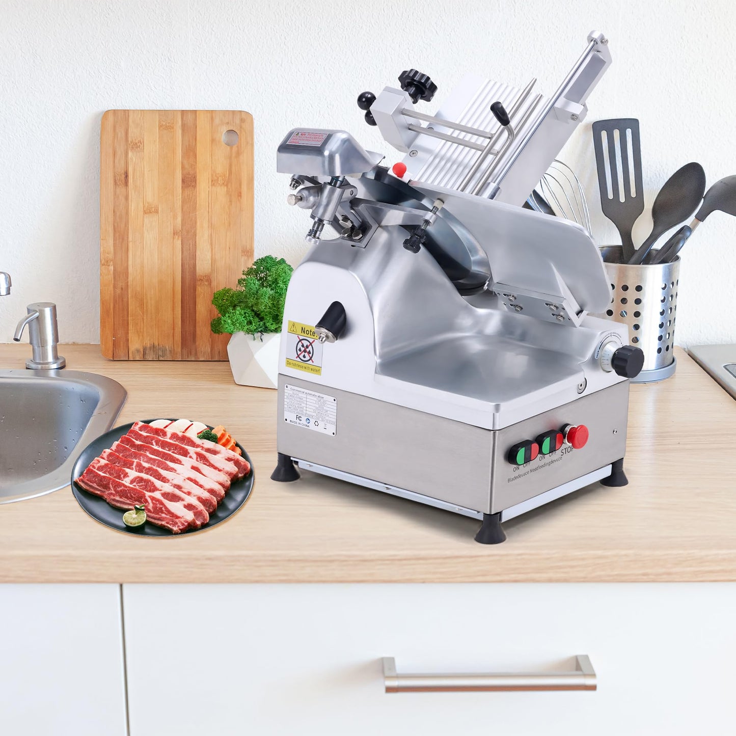 12" Commercial Meat Slicer 550W Dual Motors, Adjustable Thickness 0-14mm, with Safety Blade Cover & Sharpener - for Deli, Restaurant, Home Kitchen Slicing Beef, Ham, Vegetables