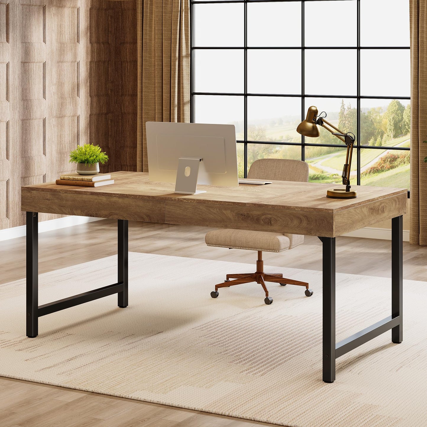 Tribesigns 55" Industrial Executive Desk for Home Office, Rustic Simple Computer Laptop Desk with Strong Metal Legs, Study Writing Table Business Workstation, Small Conference Table