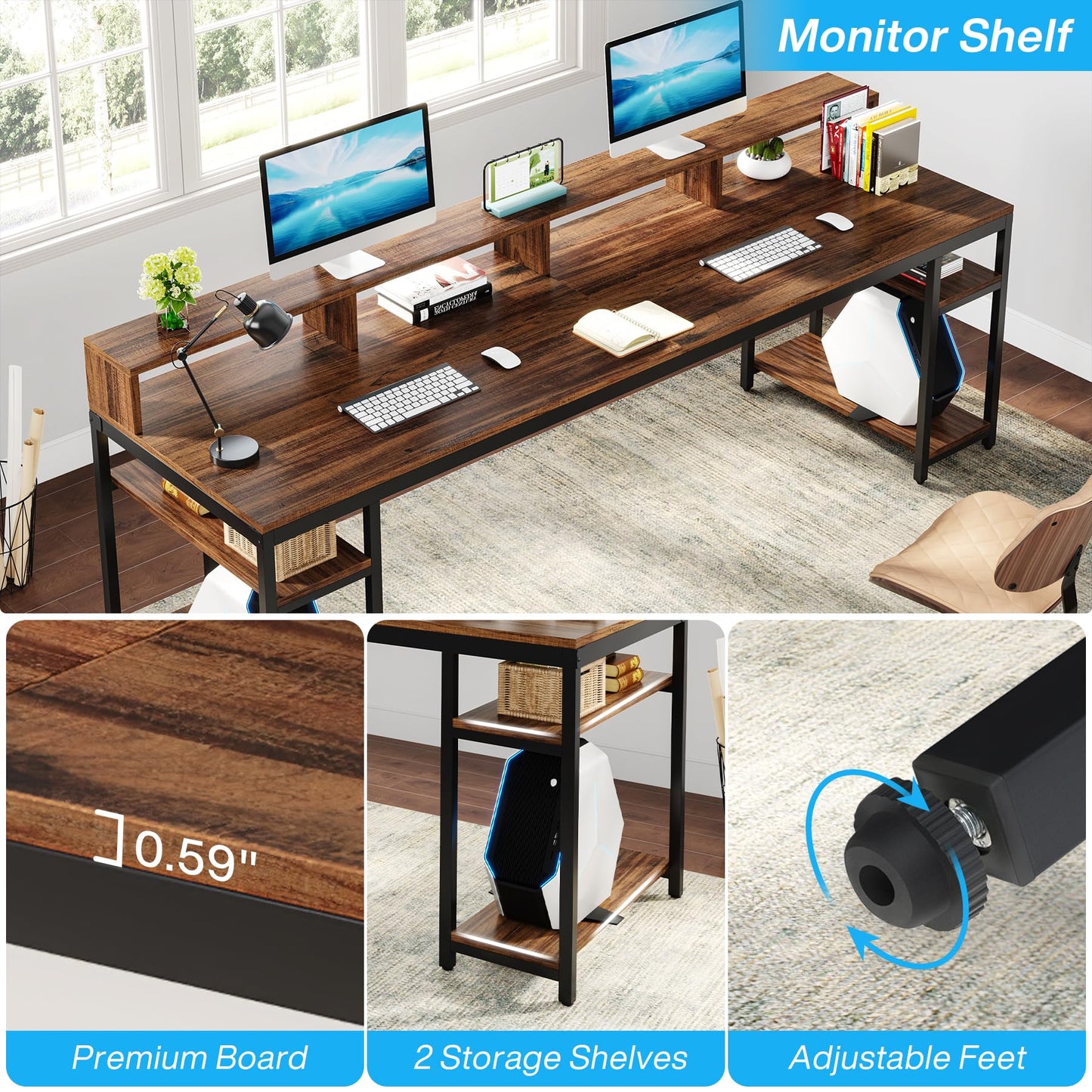 Tribesigns Two Person Desk with Monitor Stand, 78.74" Long Double Computer Office Desk with Storage Shelves, Large Gaming Study Writing Table Workstation for Home Office (Rustic Brown)