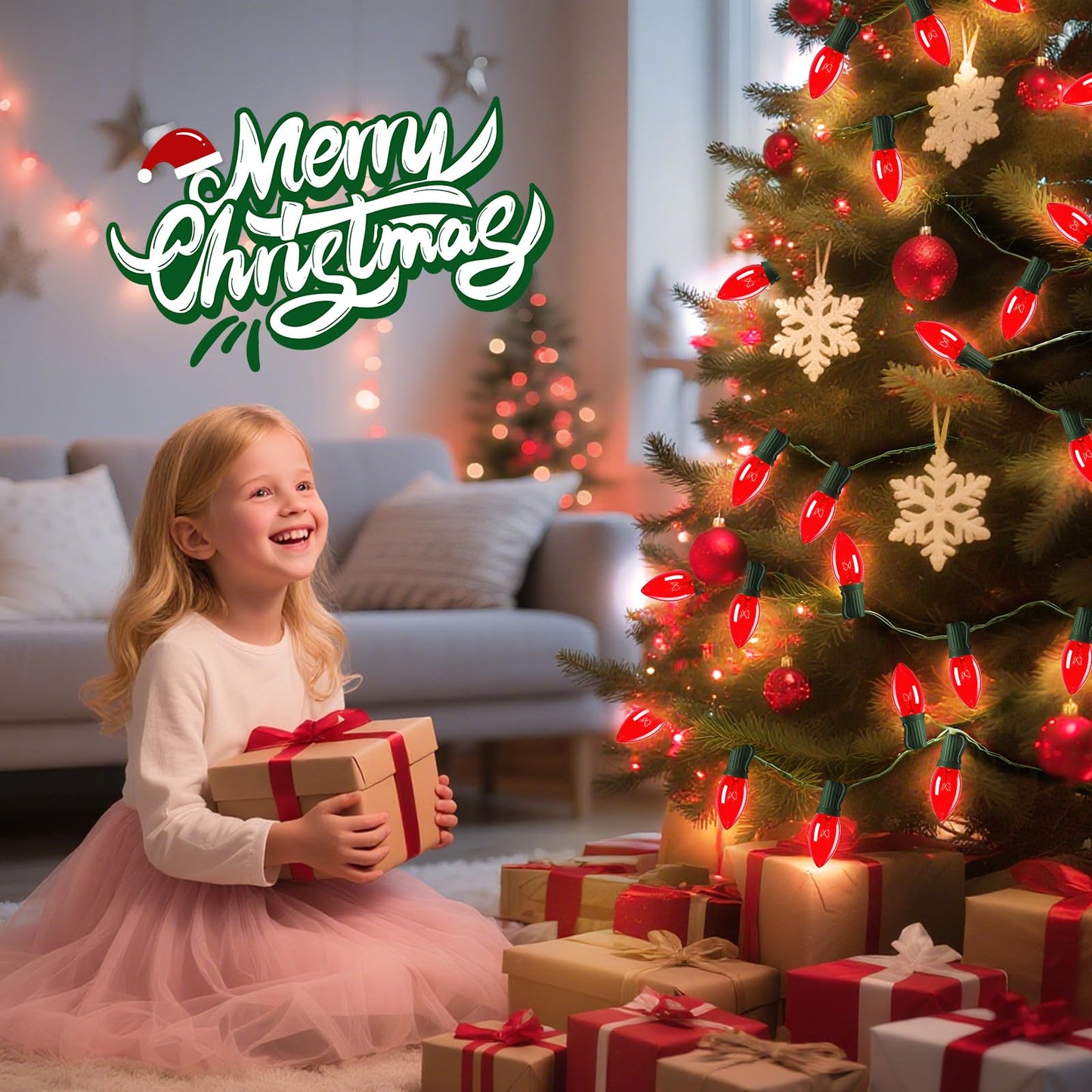 Minetom C9 Christmas String Lights, 50ft Red Bulbs, Green Wire, Outdoor/Indoor Holiday Decoration