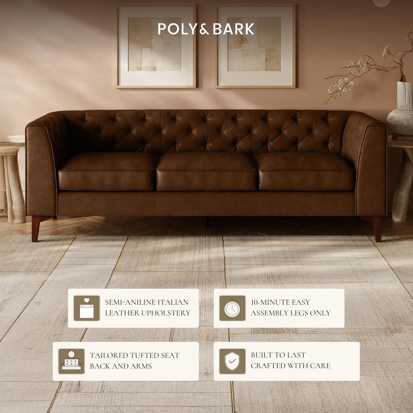 Poly & BARK Essex 89” Full-Grain Italian Leather Sofa – Tufted Back, Feather-Down Comfort, Solid Wood Frame, Cocoa Brown