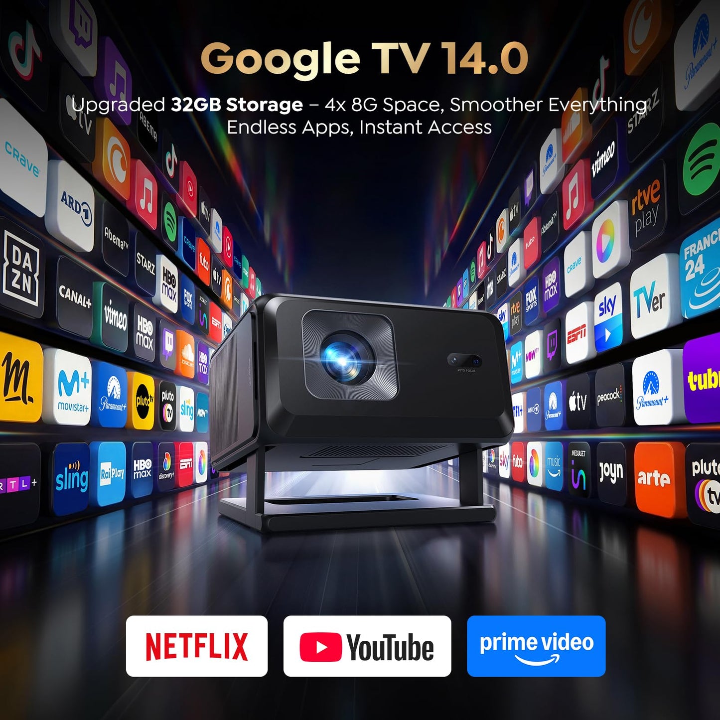 Smart Projector [Google TV 14.0 & Dolby & 4K Support] with WiFi and Bluetooth HDR10,Portable Mini Movie Short Throw Projector Outdoor with Built-in Apps Auto Focus Keystone for Home Bedroom Ceiling