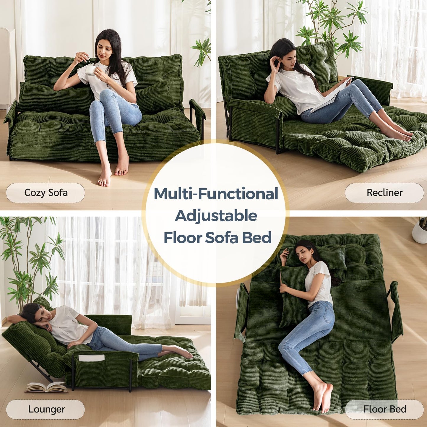 MAXYOYO Adjustable Floor Sofa Couch with 2 Pillows, Multi-Functional Bean Bag Bed, 5-Position Foldable Lazy Sofa Bed with Armrest, Versatile Floor Seating for Reading, Dark Green, Double