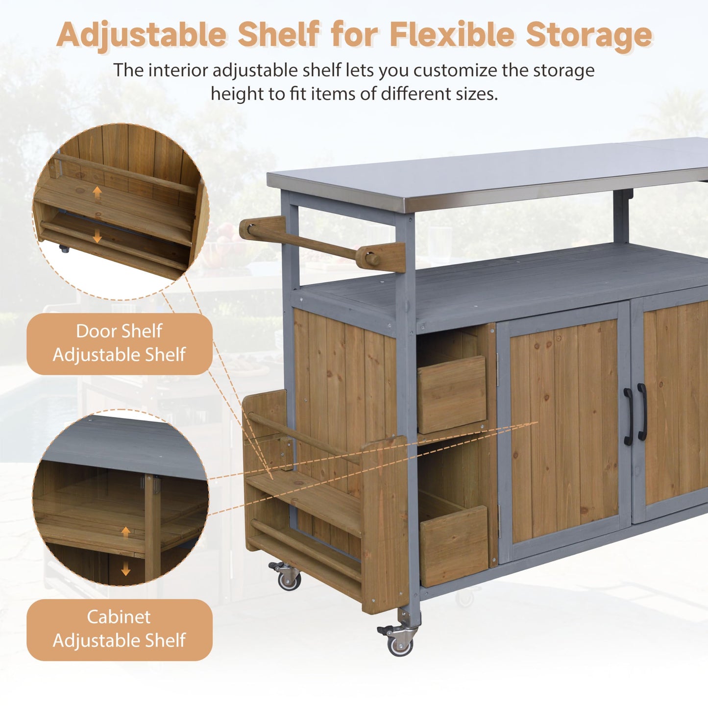 Christopher Knight Home Edsel Outdoor Bar Cart with Stainless Steel Top and Lockable Wheels, Solid Wood Outdoor Storage Cabinet, Kitchen Island Serving Cart for Poolside, Walnut Brown+Blue Gray
