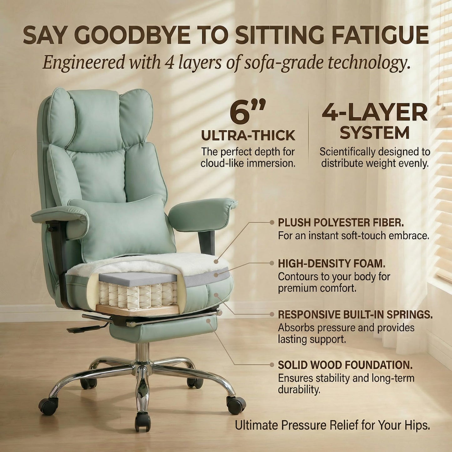 Efomao Big and Tall Office Chair 400lbs - Heavy Duty Reclining Desk Chair with Footrest, Spacious High Back PU Leather Executive Chair, Double-Layer Spring Support, Green