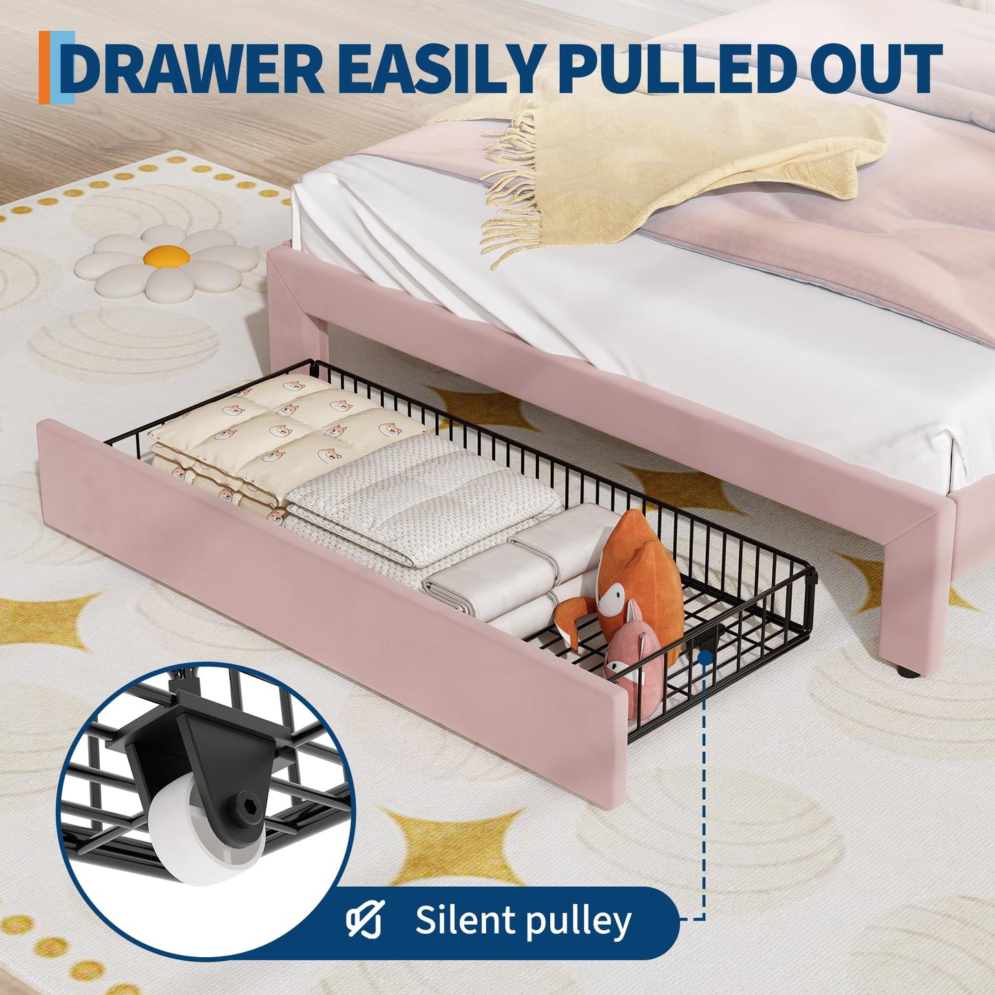 Full Size Princess Bed Frame with LED Lights & Storage Drawer - Pink Velvet Upholstered Cat Headboard Platform Bed for Kid- Sturdy Wood Slats, No Box Spring Needed, App & Remote Control,Pink & White