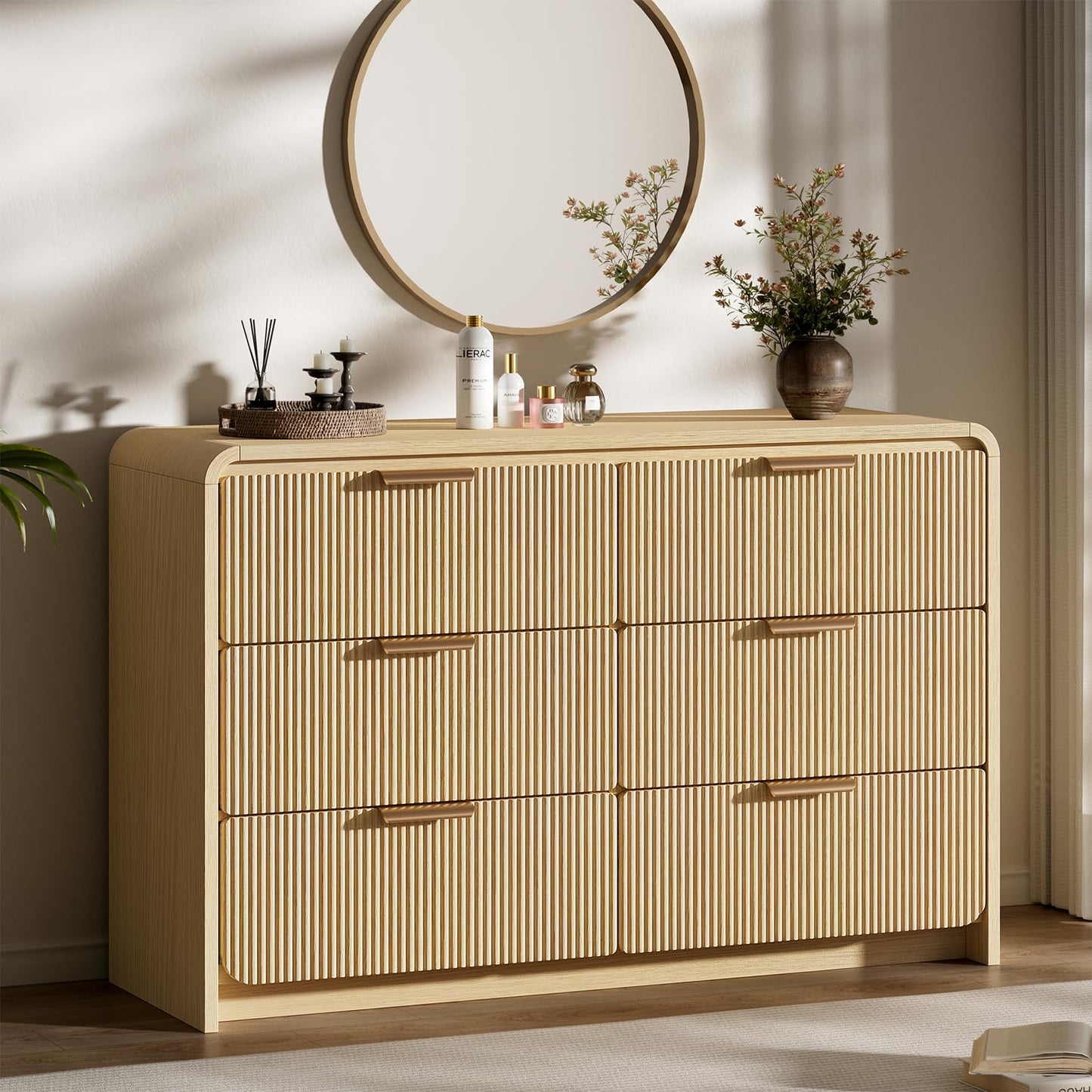 HOTALLOY Fluted 6 Drawer Dresser, 47” Wide Wooden Storage Chest with Rounded Curved Corners and Gold Handles, Natural Oak Wood Dresser for Bedroom, Living Room, Hallway