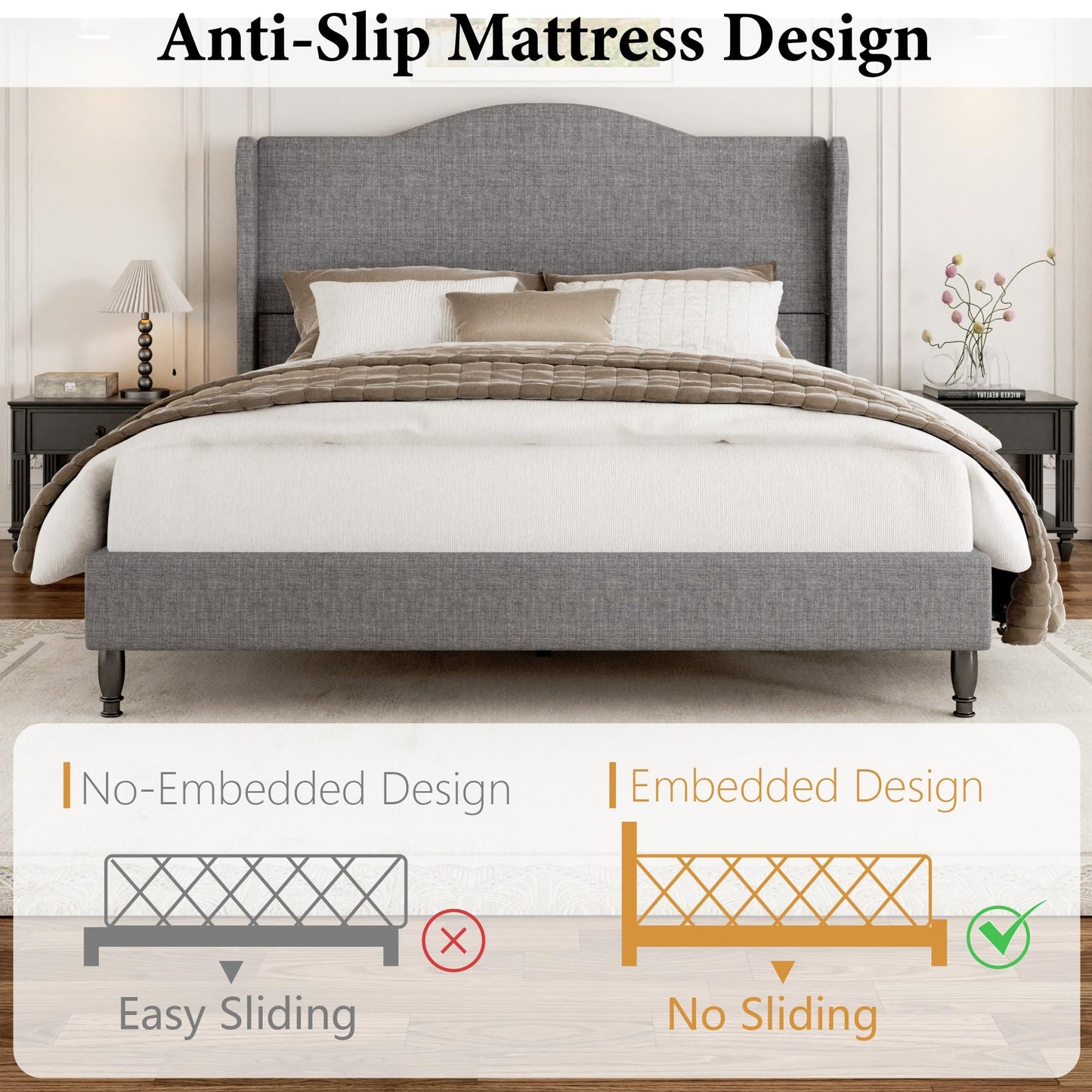 Feuorlwe Queen Size Upholstered Platform Bed Frame, Light Grey