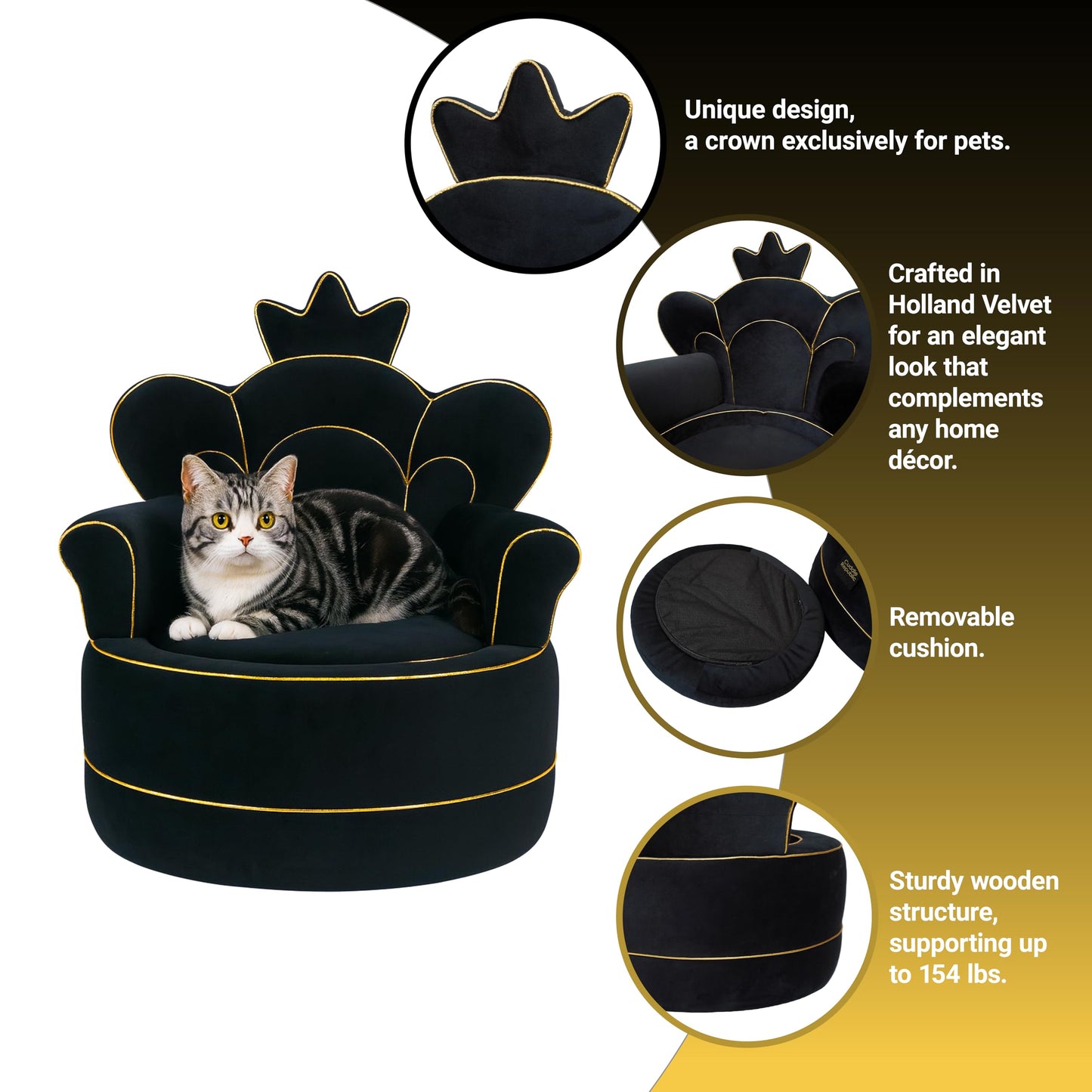 Cuddle Republic Premium Pet Sofa – Holland Velvet Dog and cat Throne Chair, Black & Gold Design, Cozy & Soft, Scratch-Resistant & Durable, Perfect for Home Décor & Pet Lovers