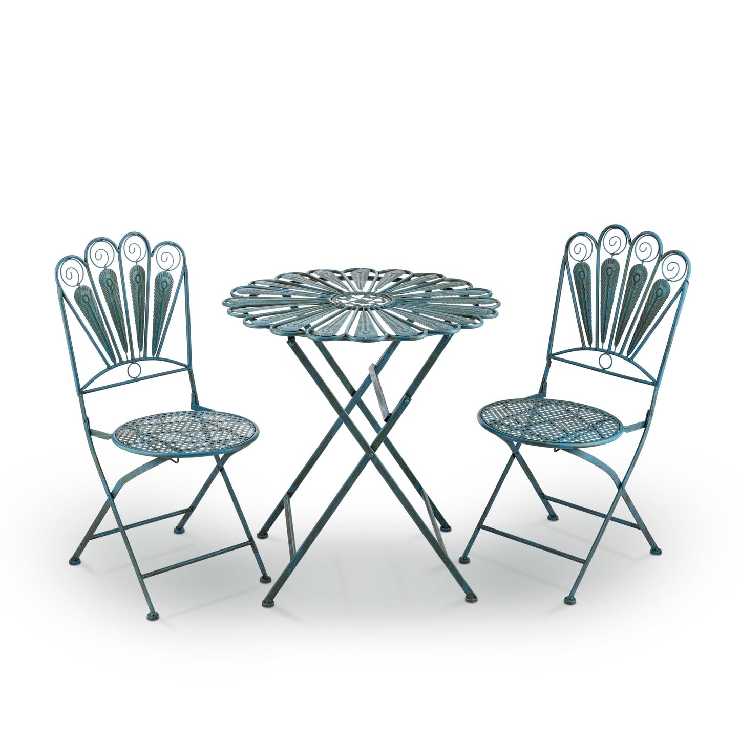 Alpine Corporation Indoor/Outdoor 3-Piece Peacock Feather Rustic Metal Bistro Set Patio Seating, Light Blue