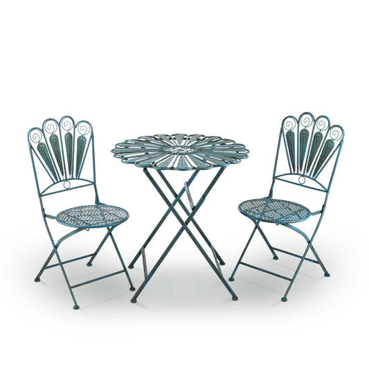 Alpine Corporation Indoor/Outdoor 3-Piece Peacock Feather Rustic Metal Bistro Set Patio Seating, Light Blue