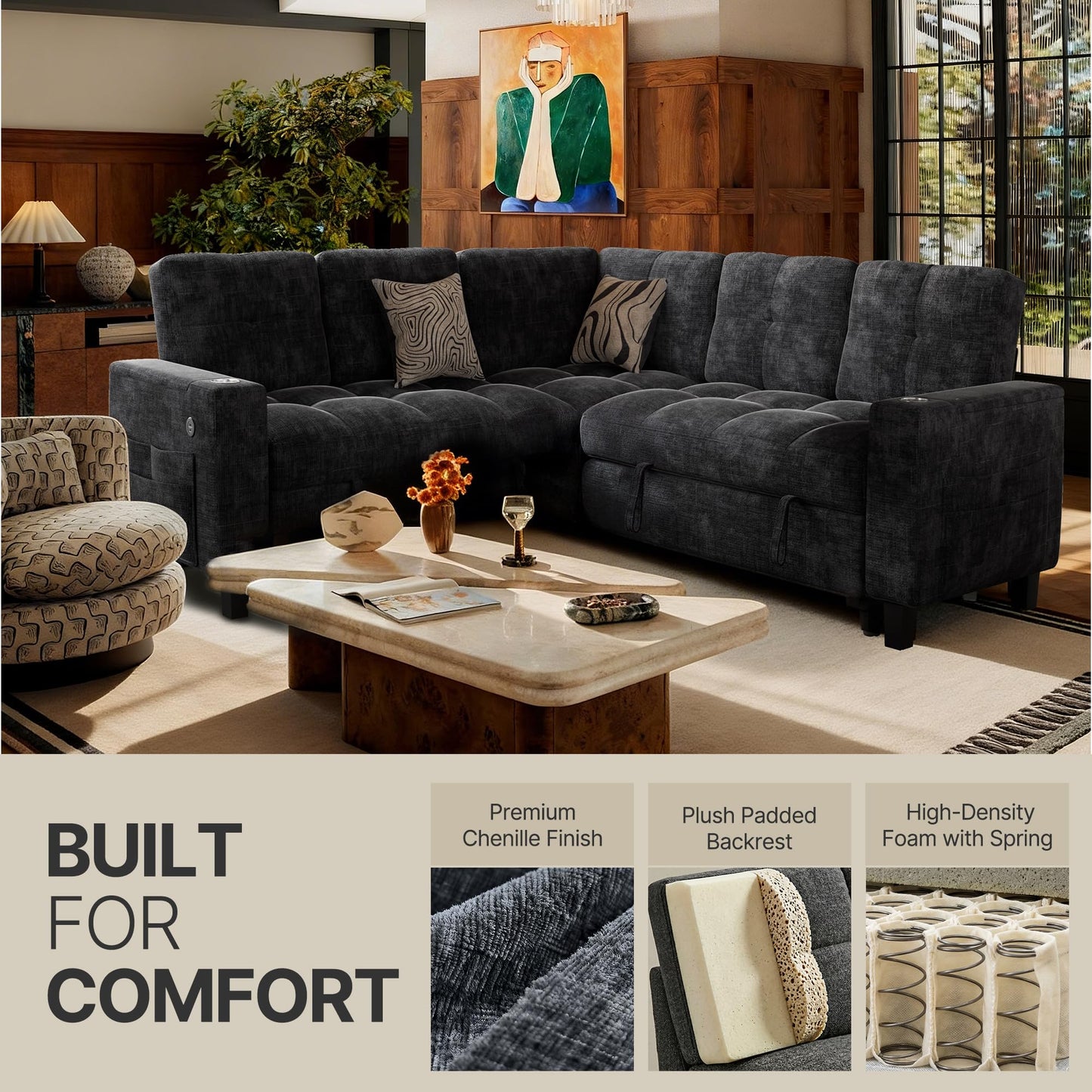 Marsail 84.6" Sectional Sleeper Sofa with Pull Out Bed, 5 Seat Modular Sectional Couch with Storage, USB & Cup Holders, Modern Chenille Cloud Sofa for Living Room, Dark Gray
