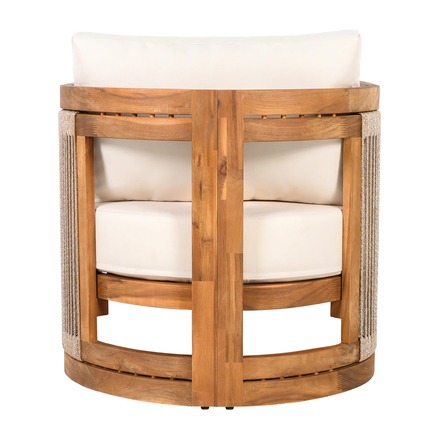 Merax 4-Piece Patio Premium Acacia Wood Outdoor Furniture Set,All Weather Curved Tub Design with Woven Rope Accents Loveseat Chairs and Table for Backyard, Balcony and Deck,Teak+ Beige