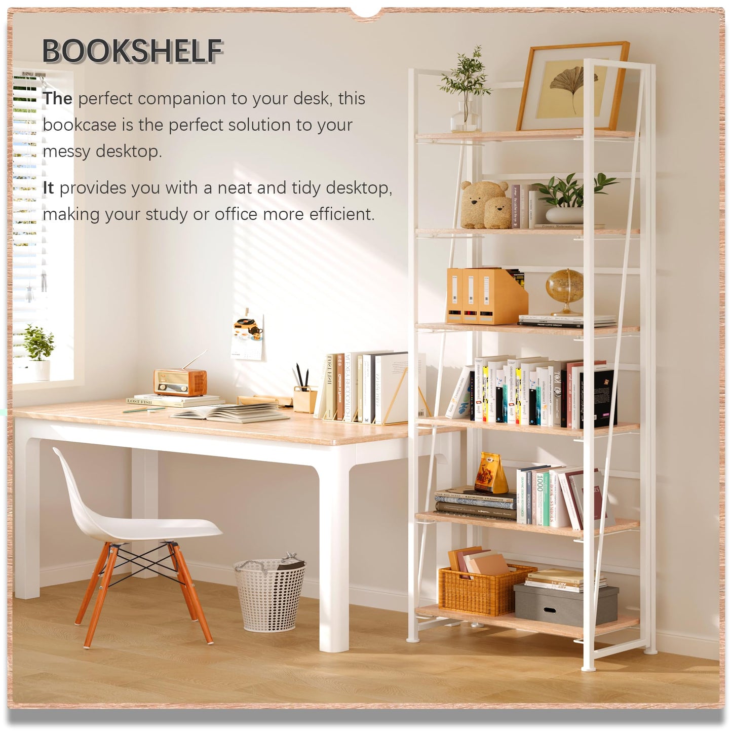4NM No Assembly Folding Bookshelf, 6-Shelf 74" H Collapsible Foldable Bookcase Storage for Small Spaces, Natural White