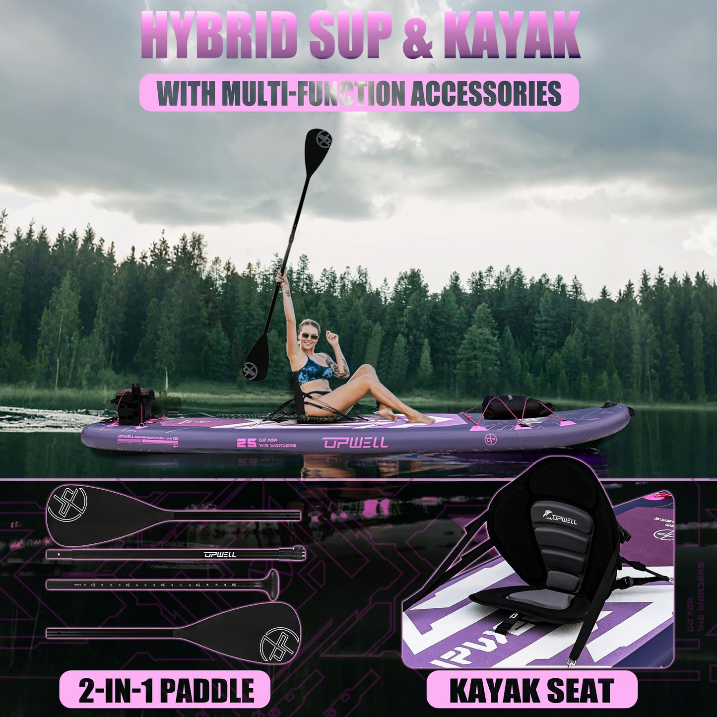 UPWELL 11'6"×35" Extra Wide Inflatable Paddle Board, Stand Up Paddle Board with Kayak Seat, Sup Paddle Boards for Adults, Chipmech Purple