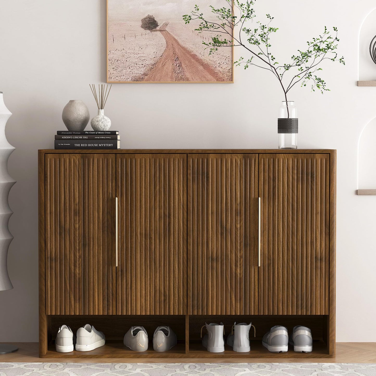KEIKI 51.2''L Wooden Shoe Cabinet Storage for Entryway with 4 Doors, Modern Freestanding Large Organizer Shoe Cabinet with 5-Tier Adjustable Shelves for Hallway, Living Room, Walnut