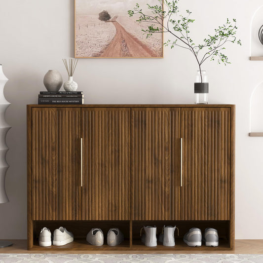 KEIKI 51.2''L Wooden Shoe Cabinet Storage for Entryway with 4 Doors, Modern Freestanding Large Organizer Shoe Cabinet with 5-Tier Adjustable Shelves for Hallway, Living Room, Walnut