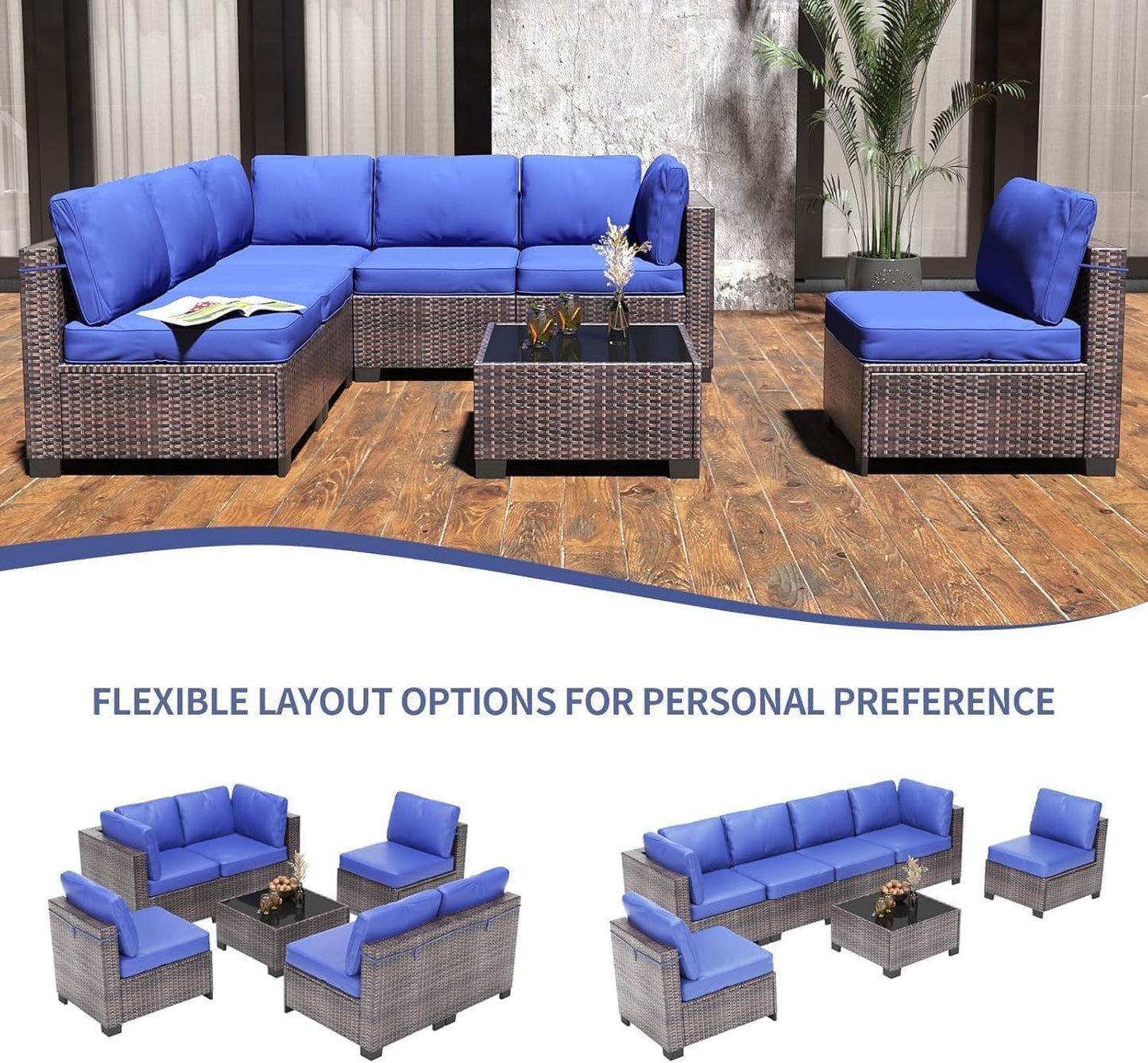 6 Piece Sectional Rattan Sofa with Glass Top Coffee Table, Patio Rattan Conversationr Sofa Set, All Weather Outdoor Patio Furniture Set and Chairs, Poolside, Garden, Porch