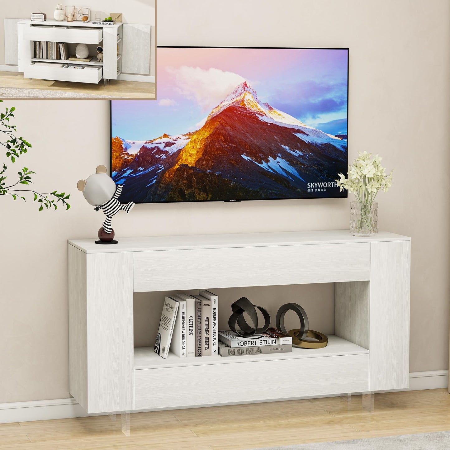 55" TV Stand with 2 Drawers & Hidden Storage Cabinets, White Wood Grain