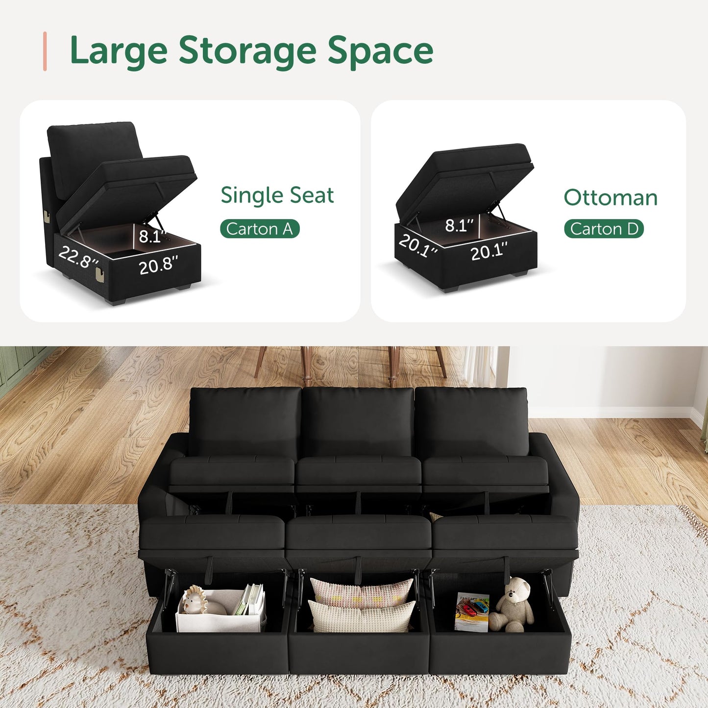HONBAY Modular Sectional Couch Sleeper Sofa Bed with Storage Seats Oversized Sectional Couches for Living Room,Black