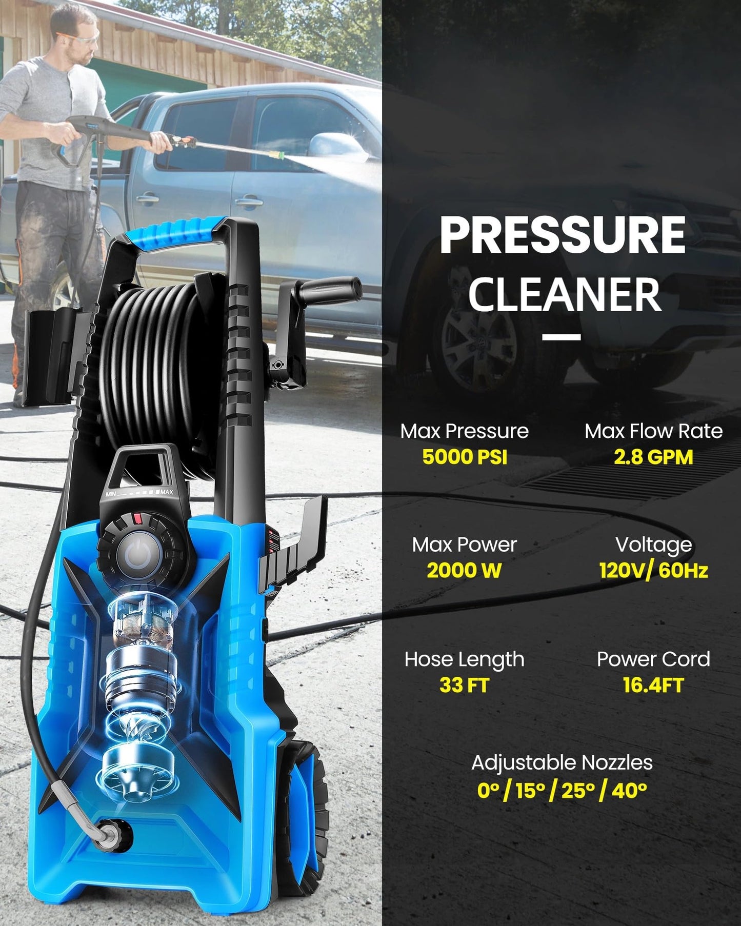 5000PSI Pressure Washer High Power Washer with 33ft Pressure Hose, 4 Nozzle and 500ml Soap Bottle for Cars/Fences/Driveways/Patios/Home Cleaning (Blue)