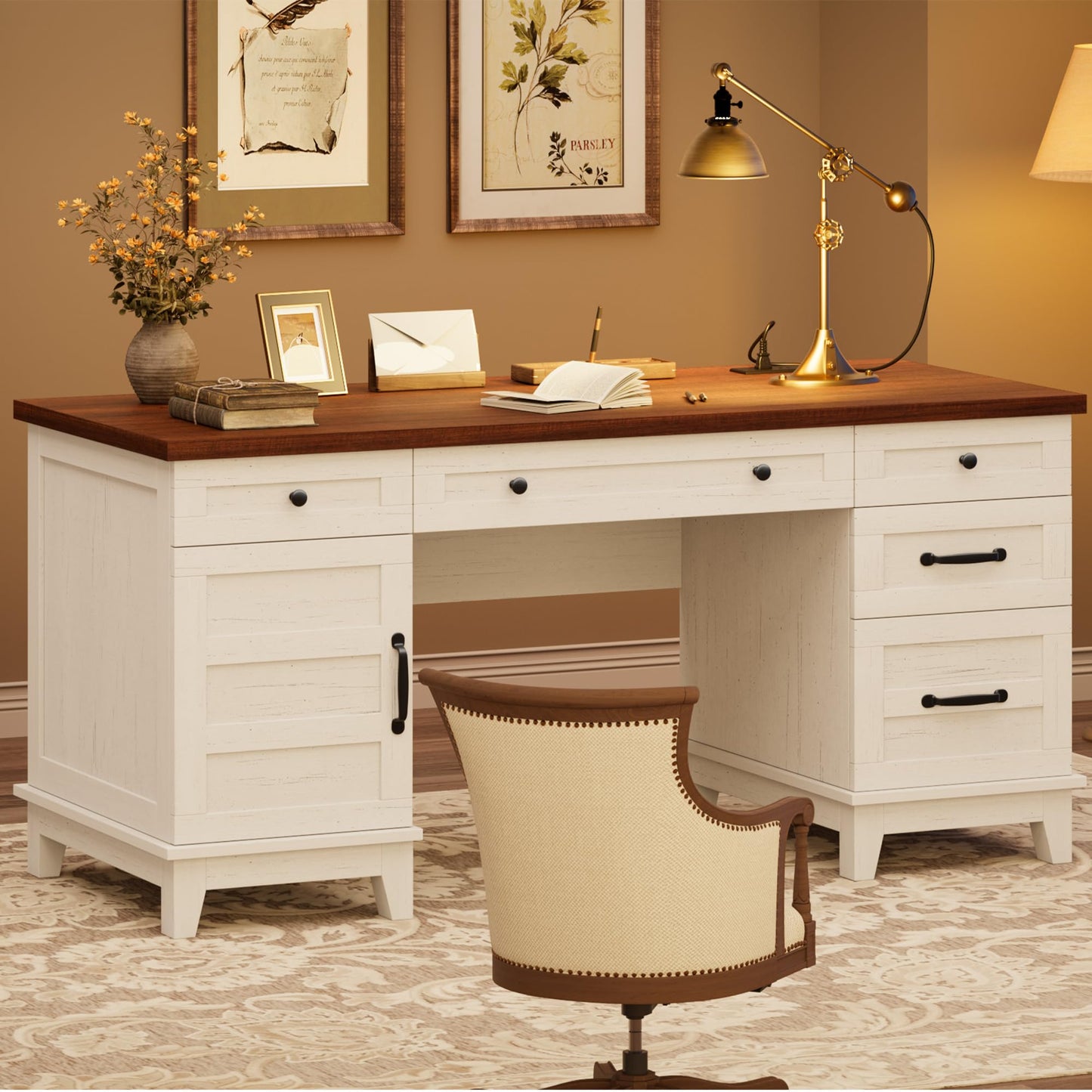 GAOMON 60in Wooden Executive Desk with 5 Drawers, Office Desk Computer Table with Charging Station, Farmhouse Home Office Desk with File Cabinet Storage, for Study and Home Office, White Walunt