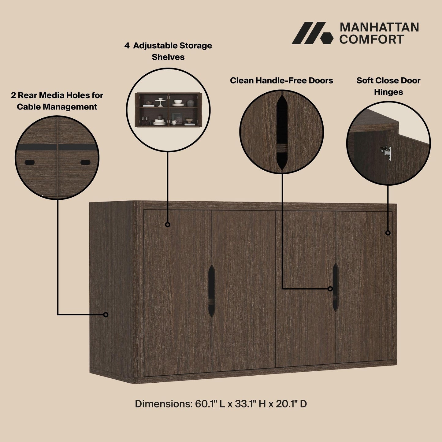 Manhattan Comfort Rivington Modern Sideboard Buffet Cabinet with Storage – 60" Media Console Table with Doors and 4 Adjustable Shelves for Dining Room, Living Room, or Entryway, Walnut