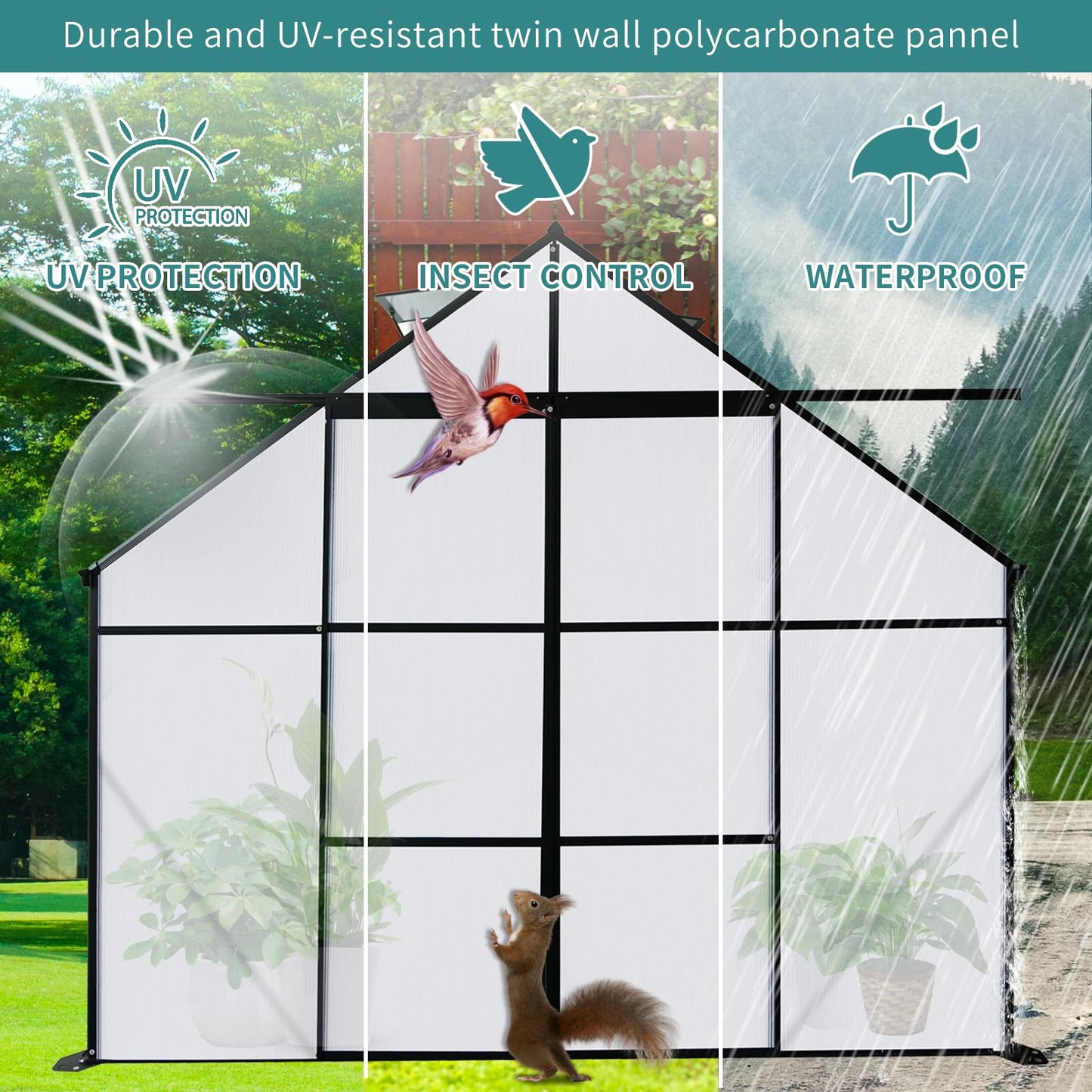 Ball & Cast 8X8 FT Greenhouse for Outdoors,Double Sliding Door Polycarbonate Raised Plant Base with Drainage System & Galvanized Frame,Backyard Anchor Aluminum Heavy Duty Walk-in Green Houses,Black