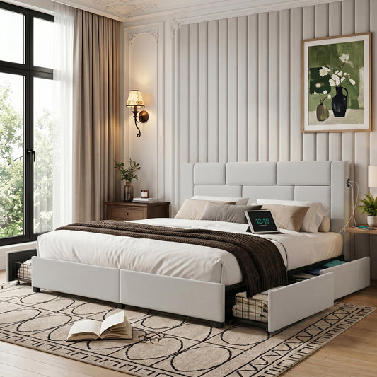 VECELO Full Bed Frame with 4 Storage Drawers, Velvet Upholstered Platform Beds Charging Station-Ports for USB and Type-C, Noise-Free, No Box Spring Needed, Easy Assembly, Light Grey