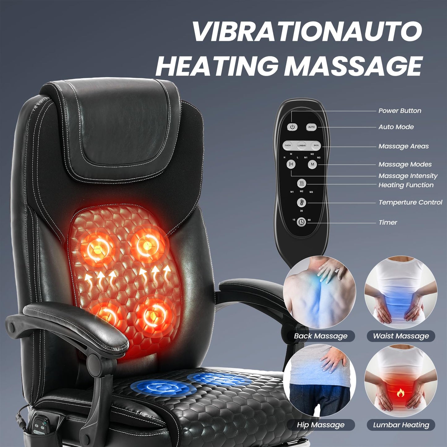 MALOL Massage Office Chair with 3-Level Heat and Footrest – 20-Min Easy Assembly, 300 lbs Big and Tall Desk Chair, PU Leather Ergonomic Executive Computer Chair with Side Pocket, Black,Set of 2